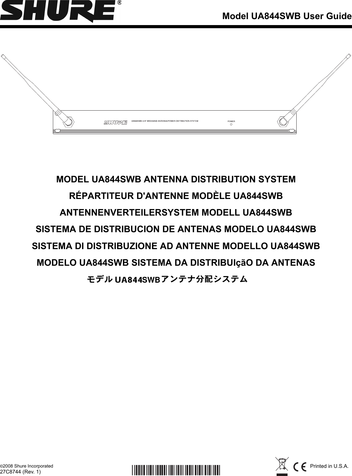 Page 1 of 6 - Shure Shure-Antenna-Distribution-System-Ua844Swb-Users-Manual- UA844SWB User Guide (English)  Shure-antenna-distribution-system-ua844swb-users-manual