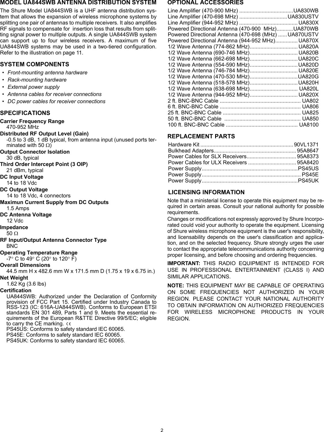 Page 2 of 6 - Shure Shure-Antenna-Distribution-System-Ua844Swb-Users-Manual- UA844SWB User Guide (English)  Shure-antenna-distribution-system-ua844swb-users-manual