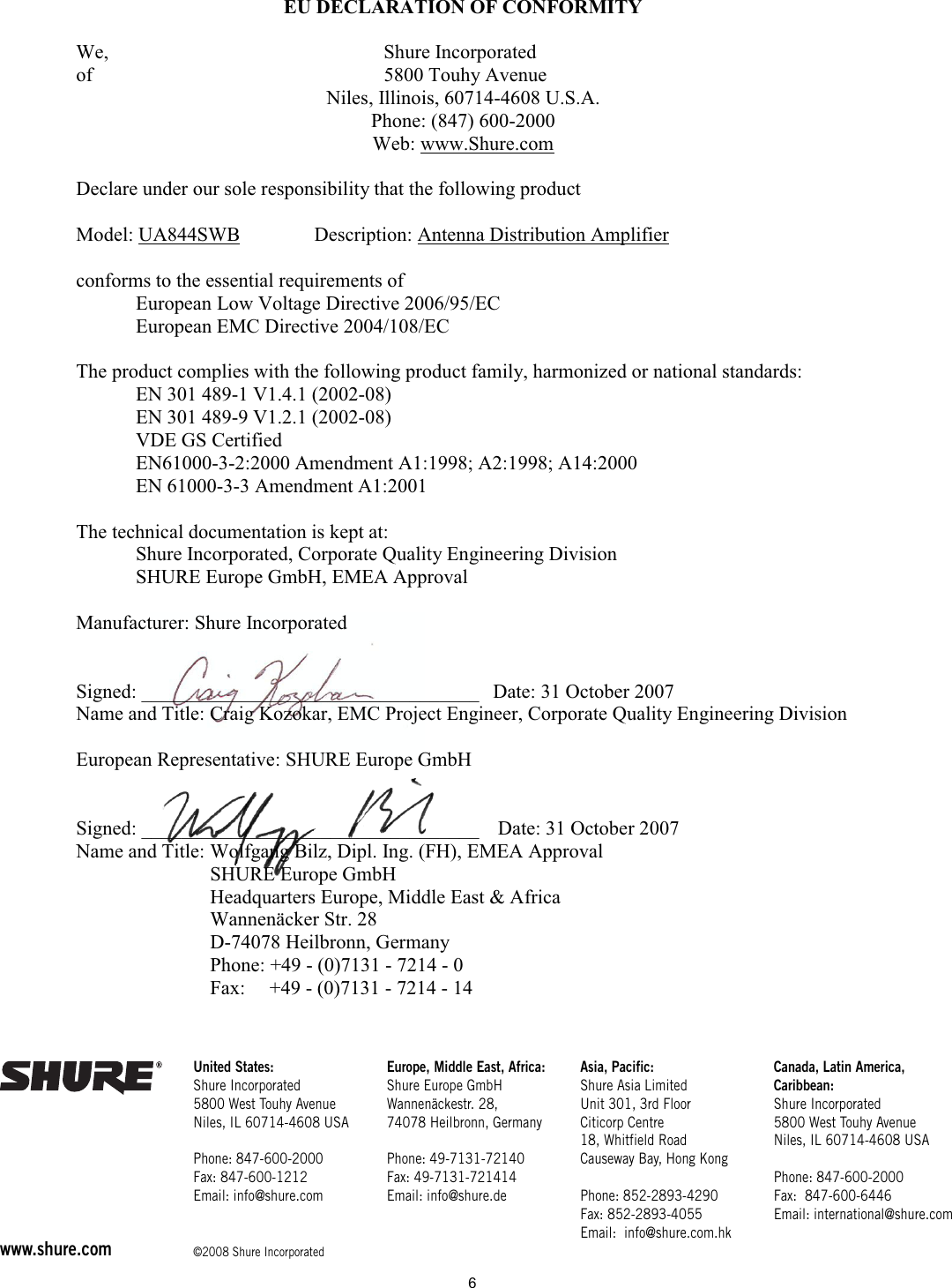 Page 6 of 6 - Shure Shure-Antenna-Distribution-System-Ua844Swb-Users-Manual- UA844SWB User Guide (English)  Shure-antenna-distribution-system-ua844swb-users-manual