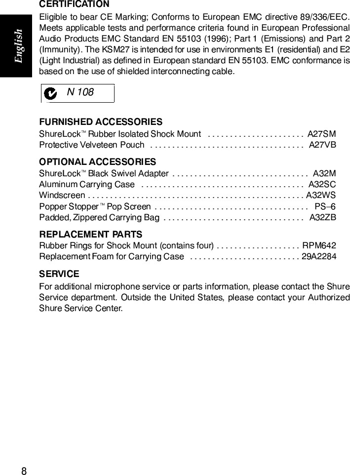 Page 10 of 10 - Shure Shure-Cardioid-Condenser-Microphone-Ksm27-Users-Manual- Ksm27  Shure-cardioid-condenser-microphone-ksm27-users-manual