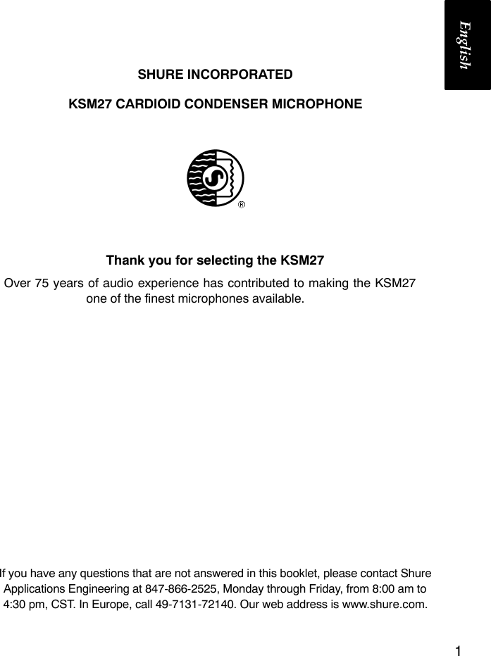 Page 2 of 10 - Shure Shure-Cardioid-Condenser-Microphone-Ksm27-Users-Manual- Ksm27  Shure-cardioid-condenser-microphone-ksm27-users-manual