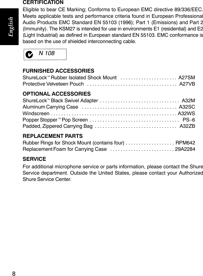 Page 9 of 10 - Shure Shure-Cardioid-Condenser-Microphone-Ksm27-Users-Manual- Ksm27  Shure-cardioid-condenser-microphone-ksm27-users-manual