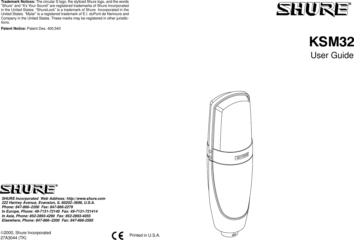 Page 1 of 8 - Shure Shure-Ksm32-Users-Manual- 27a3044  Shure-ksm32-users-manual