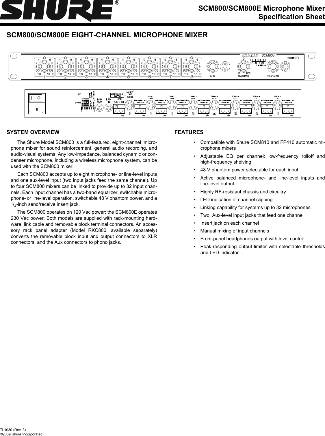 Page 1 of 2 - Shure Shure-Music-Mixer-Scm800-Users-Manual- SCM800 Specification Sheet  Shure-music-mixer-scm800-users-manual