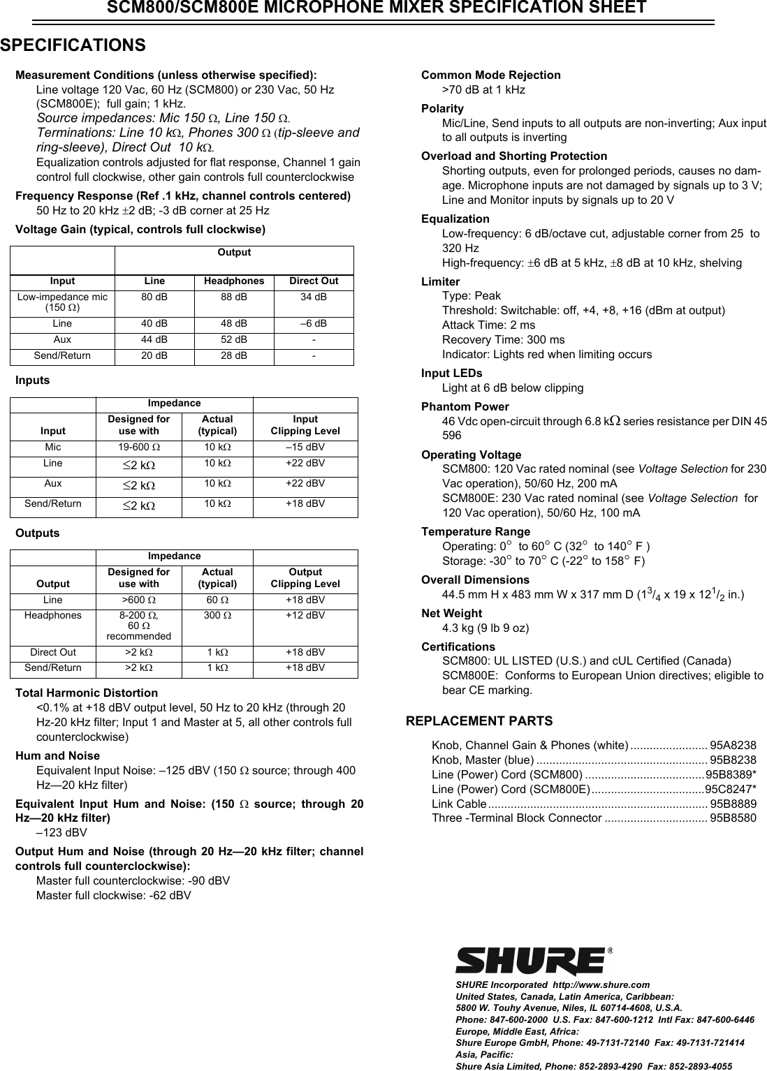 Page 2 of 2 - Shure Shure-Music-Mixer-Scm800-Users-Manual- SCM800 Specification Sheet  Shure-music-mixer-scm800-users-manual