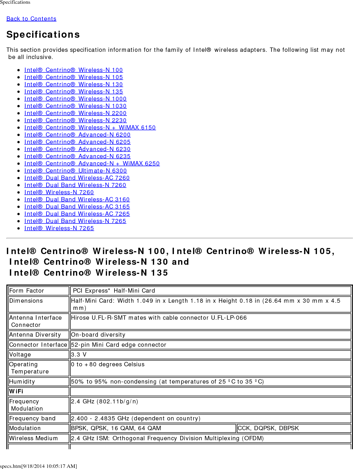 Specificationsspecs.htm[9/18/2014 10:05:17 AM]Channels All channels as defined by the relevant specification and country rules.IEEE 802.11n Data Rates MIMO Configuration: 1X1Tx/Rx: 150, 144, 135, 130, 120, 117, 115.5, 90, 86.667, 72.2, 65, 60, 57.8, 45, 43.3, 30, 28.9, 21.7, 15, 14.4, 7.2 MbpsIEEE 802.11g Data Rates 54, 48, 36, 24, 18, 12, 9, 6 MbpsIEEE 802.11b Data Rates 11, 5.5, 2, 1 MbpsBluetooth Support Intel&reg; Centrino&reg; Wireless-N 100: NoneIntel&reg; Centrino&reg; Wireless-N 105: NoneIntel&reg; Centrino&reg; Wireless-N 130: Bluetooth 2.1, 2.1 + EDR, 3.0, 3.0+HSIntel&reg; Centrino&reg; Wireless-N 135: Bluetooth 4.0 (Bluetooth Low-Energy and Bluetooth 3.0 +HS)GeneralOperating Systems Windows* 7 (32-bit and 64-bit), Windows* 8 (32-bit and 64-bit), Windows* 8.1 (32-bit and 64-bit)Wi-Fi Alliance* certification Wi-Fi* certification for 802.11b, 802.11g, 802.11n, WPA-Personal, WPA-Enterprise, WPA2-Personal, WPA2-Enterprise, WMM, WPSCisco Compatible Extensions certificationCisco Compatible Extensions, v4.0IEEE Feature Sets  IEEE 802.11b, 802.11g, 802.11n, 802.11e, 802.11i, 802.11d, 802.11hArchitecture Infrastructure or ad hoc (peer-to-peer) operating modesSecurity WPA-Personal, WPA2-Personal, WPA-Enterprise, WPA2-Enterprise, AES-CCMP 128-bit, WEP 128-bit and 64-bit; 802.1X: EAP-SIM, LEAP, PEAP, TKIP, EAP-FAST, EAP-TLS, EAP-TTLS, EAP-AKAProduct Safety UL, C-UL, CB (IEC/EN 60950-1)Intel&reg; Centrino&reg; Wireless-N 1000WiFi / WiMAXForm Factor PCI Express* Mini Card and Half-Mini CardSKUs Intel&reg; Centrino&reg; Wireless-N 1000 - 1X2 MC/HMCDimensions Mini Card: Width 2.0 in x Length 1.18 in x Height 0.18 in (50.80 mm x 30 mm x 4.5 mm)Half-Mini Card: Width 1.049 in x Length 1.18 in x Height 0.18 in (26.64 mm x 30 mm x 4.5 mm)Antenna Interface Connector Hirose U.FL-R-SMT mates with cable connector U.FL-LP-066Antenna Diversity On-board diversityConnector Interface 52-pin Mini Card edge connectorVoltage 3.3 VOperating Temperature 0 to +80 degrees CelsiusHumidity 50% to 90% non-condensing (at temperatures of 25 &ordm;C to 35 &ordm;C)WiFiFrequency Modulation 2.4 GHz (802.11b/g/n)Frequency band 2.41-2.474 GHz (dependent on country)
