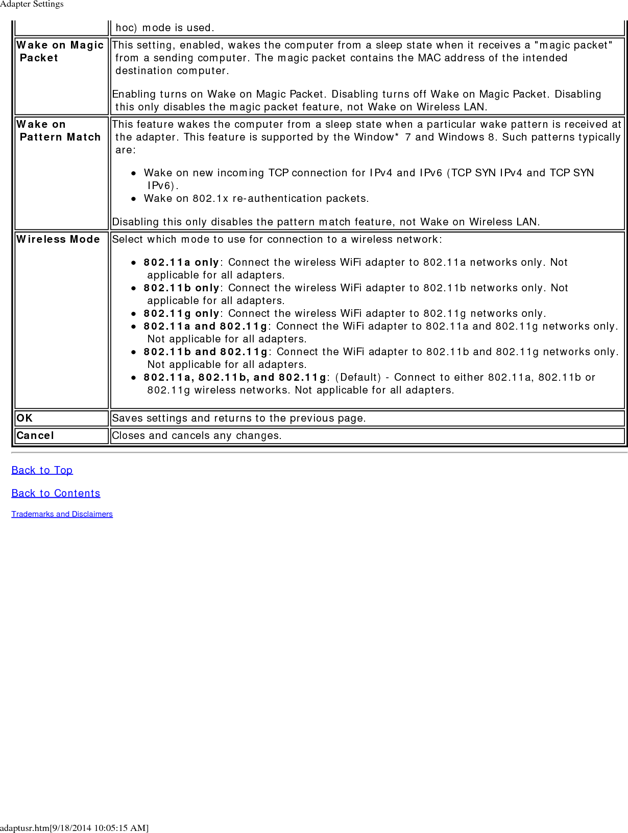 Adapter Settingsadaptusr.htm[9/18/2014 10:05:15 AM] hoc) mode is used.Wake on Magic Packet This setting, enabled, wakes the computer from a sleep state when it receives a "magic packet" from a sending computer. The magic packet contains the MAC address of the intended destination computer.Enabling turns on Wake on Magic Packet. Disabling turns off Wake on Magic Packet. Disabling this only disables the magic packet feature, not Wake on Wireless LAN.Wake on Pattern Match This feature wakes the computer from a sleep state when a particular wake pattern is received at the adapter. This feature is supported by the Window* 7 and Windows 8. Such patterns typically are:Wake on new incoming TCP connection for IPv4 and IPv6 (TCP SYN IPv4 and TCP SYN IPv6).Wake on 802.1x re-authentication packets.Disabling this only disables the pattern match feature, not Wake on Wireless LAN.Wireless Mode Select which mode to use for connection to a wireless network:802.11a only: Connect the wireless WiFi adapter to 802.11a networks only. Not applicable for all adapters.802.11b only: Connect the wireless WiFi adapter to 802.11b networks only. Not applicable for all adapters.802.11g only: Connect the wireless WiFi adapter to 802.11g networks only.802.11a and 802.11g: Connect the WiFi adapter to 802.11a and 802.11g networks only. Not applicable for all adapters.802.11b and 802.11g: Connect the WiFi adapter to 802.11b and 802.11g networks only. Not applicable for all adapters.802.11a, 802.11b, and 802.11g: (Default) - Connect to either 802.11a, 802.11b or 802.11g wireless networks. Not applicable for all adapters.OK Saves settings and returns to the previous page.Cancel Closes and cancels any changes.Back to TopBack to ContentsTrademarks and Disclaimers
