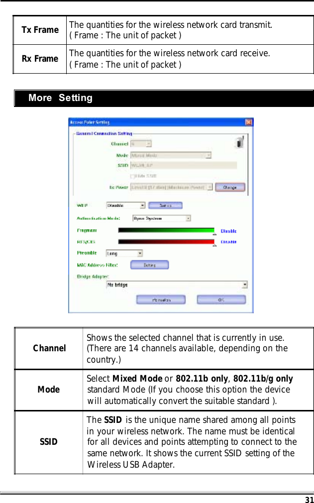 31More SettingTx Frame The quantities for the wireless network card transmit.( Frame : The unit of packet )Rx Frame The quantities for the wireless network card receive.( Frame : The unit of packet )Channel Shows the selected channel that is currently in use.(There are 14 channels available, depending on thecountry.)Mode Select Mixed Mode or 802.11b only,802.11b/g onlystandard Mode (If you choose this option the devicewill automatically convert the suitable standard ).SSIDThe SSID is the unique name shared among all pointsin your wireless network. The name must be identicalfor all devices and points attempting to connect to thesame network. It shows the current SSID setting of theWireless USB Adapter.