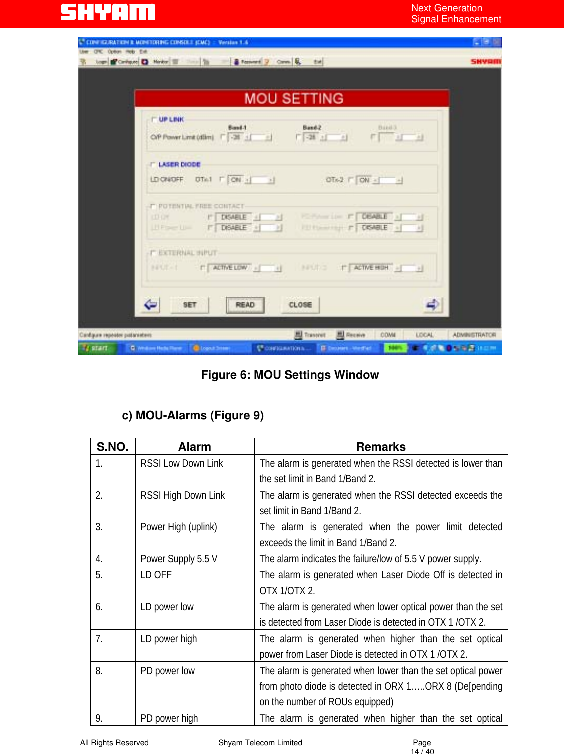   All Rights Reserved                                Shyam Telecom Limited                                             Page                                                                                                                                 14 / 40 Next Generation Signal Enhancement   Figure 6: MOU Settings Window   c) MOU-Alarms (Figure 9)  S.NO. Alarm  Remarks 1.  RSSI Low Down Link  The alarm is generated when the RSSI detected is lower than the set limit in Band 1/Band 2.  2.  RSSI High Down Link  The alarm is generated when the RSSI detected exceeds the set limit in Band 1/Band 2. 3.  Power High (uplink)  The alarm is generated when the power limit detected exceeds the limit in Band 1/Band 2. 4.  Power Supply 5.5 V  The alarm indicates the failure/low of 5.5 V power supply. 5.  LD OFF   The alarm is generated when Laser Diode Off is detected in OTX 1/OTX 2. 6.  LD power low  The alarm is generated when lower optical power than the set is detected from Laser Diode is detected in OTX 1 /OTX 2. 7.  LD power high  The alarm is generated when higher than the set optical power from Laser Diode is detected in OTX 1 /OTX 2. 8.  PD power low  The alarm is generated when lower than the set optical power from photo diode is detected in ORX 1…..ORX 8 (De[pending on the number of ROUs equipped) 9.  PD power high  The alarm is generated when higher than the set optical 