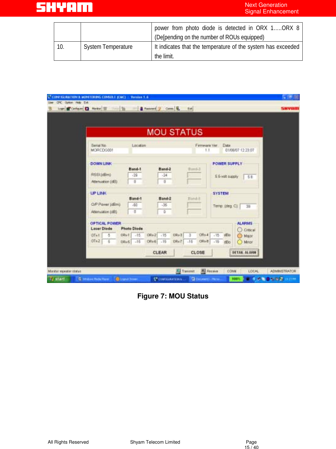   All Rights Reserved                                Shyam Telecom Limited                                             Page                                                                                                                                 15 / 40 Next Generation Signal Enhancement power from photo diode is detected in ORX 1…..ORX 8 (De[pending on the number of ROUs equipped) 10. System Temperature  It indicates that the temperature of the system has exceeded the limit.       Figure 7: MOU Status             