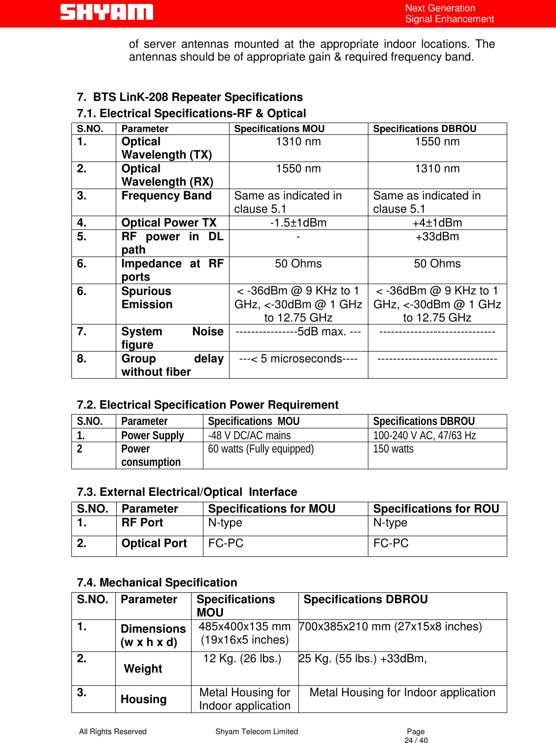   All Rights Reserved                                Shyam Telecom Limited                                             Page                                                                                                                                 24 / 40 Next Generation Signal Enhancement of server antennas mounted at the appropriate indoor locations. The antennas should be of appropriate gain &amp; required frequency band.      7.  BTS LinK-208 Repeater Specifications 7.1. Electrical Specifications-RF &amp; Optical S.NO.  Parameter  Specifications MOU  Specifications DBROU 1. Optical Wavelength (TX)  1310 nm  1550 nm 2. Optical Wavelength (RX)  1550 nm  1310 nm 3. Frequency Band Same as indicated in clause 5.1   Same as indicated in clause 5.1 4.  Optical Power TX  -1.5±1dBm +4±1dBm 5.  RF power in DL path  - +33dBm 6.  Impedance at RF ports  50 Ohms  50 Ohms 6. Spurious Emission  &lt; -36dBm @ 9 KHz to 1 GHz, &lt;-30dBm @ 1 GHz to 12.75 GHz &lt; -36dBm @ 9 KHz to 1 GHz, &lt;-30dBm @ 1 GHz to 12.75 GHz 7. System Noise figure  ----------------5dB max. --- ------------------------------ 8. Group  delay without fiber   ---&lt; 5 microseconds----  -------------------------------  7.2. Electrical Specification Power Requirement S.NO.  Parameter  Specifications  MOU  Specifications DBROU 1. Power Supply -48 V DC/AC mains  100-240 V AC, 47/63 Hz  2 Power consumption  60 watts (Fully equipped)  150 watts     7.3. External Electrical/Optical  Interface S.NO.  Parameter  Specifications for MOU  Specifications for ROU 1. RF Port  N-type N-type 2. Optical Port FC-PC FC-PC  7.4. Mechanical Specification S.NO. Parameter  Specifications MOU  Specifications DBROU 1.  Dimensions (w x h x d) 485x400x135 mm (19x16x5 inches)  700x385x210 mm (27x15x8 inches) 2.   Weight    12 Kg. (26 lbs.)  25 Kg. (55 lbs.) +33dBm,  3.  Housing   Metal Housing for Indoor application  Metal Housing for Indoor application 