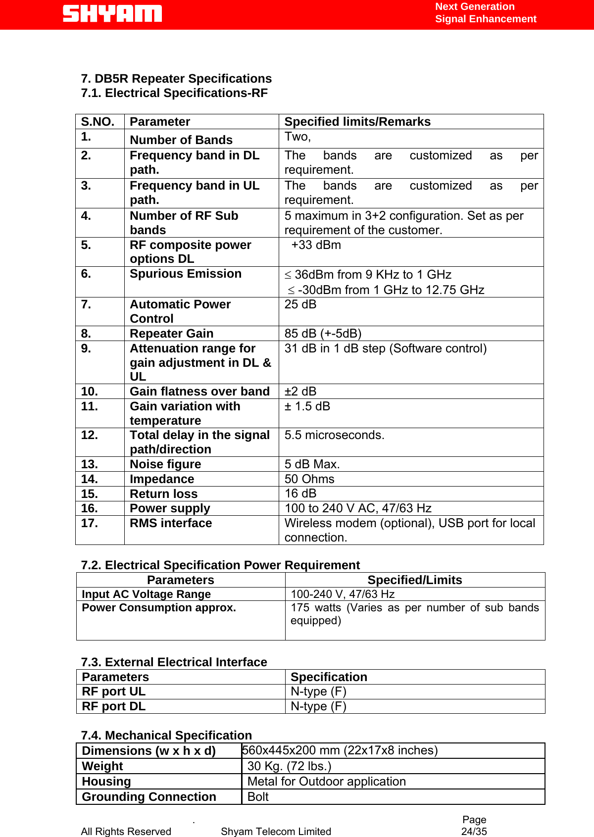   Next Generation  Signal Enhancement   7. DB5R Repeater Specifications 7.1. Electrical Specifications-RF  S.NO. Parameter  Specified limits/Remarks 1.  Number of Bands  Two, 2.  Frequency band in DL path.  The bands are customized as per requirement. 3.  Frequency band in UL path.  The bands are customized as per requirement. 4.  Number of RF Sub bands  5 maximum in 3+2 configuration. Set as per requirement of the customer. 5.  RF composite power options DL     +33 dBm  6. Spurious Emission  ≤ 36dBm from 9 KHz to 1 GHz   ≤ -30dBm from 1 GHz to 12.75 GHz  7. Automatic Power Control  25 dB 8. Repeater Gain 85 dB (+-5dB) 9.  Attenuation range for gain adjustment in DL &amp; UL 31 dB in 1 dB step (Software control) 10.  Gain flatness over band  ±2 dB 11. Gain variation with temperature  ± 1.5 dB 12.  Total delay in the signal path/direction  5.5 microseconds.  13. Noise figure  5 dB Max. 14. Impedance  50 Ohms 15. Return loss  16 dB 16.   Power supply  100 to 240 V AC, 47/63 Hz 17. RMS interface  Wireless modem (optional), USB port for local connection.  7.2. Electrical Specification Power Requirement Parameters Specified/Limits Input AC Voltage Range  100-240 V, 47/63 Hz  Power Consumption approx.    175 watts (Varies as per number of sub bands equipped)   7.3. External Electrical Interface Parameters Specification RF port UL   N-type (F) RF port DL   N-type (F)  7.4. Mechanical Specification Dimensions (w x h x d) 560x445x200 mm (22x17x8 inches)  Weight   30 Kg. (72 lbs.) Housing   Metal for Outdoor application  Grounding Connection   Bolt    .                                          Page All Rights Reserved            Shyam Telecom Limited               24/35   