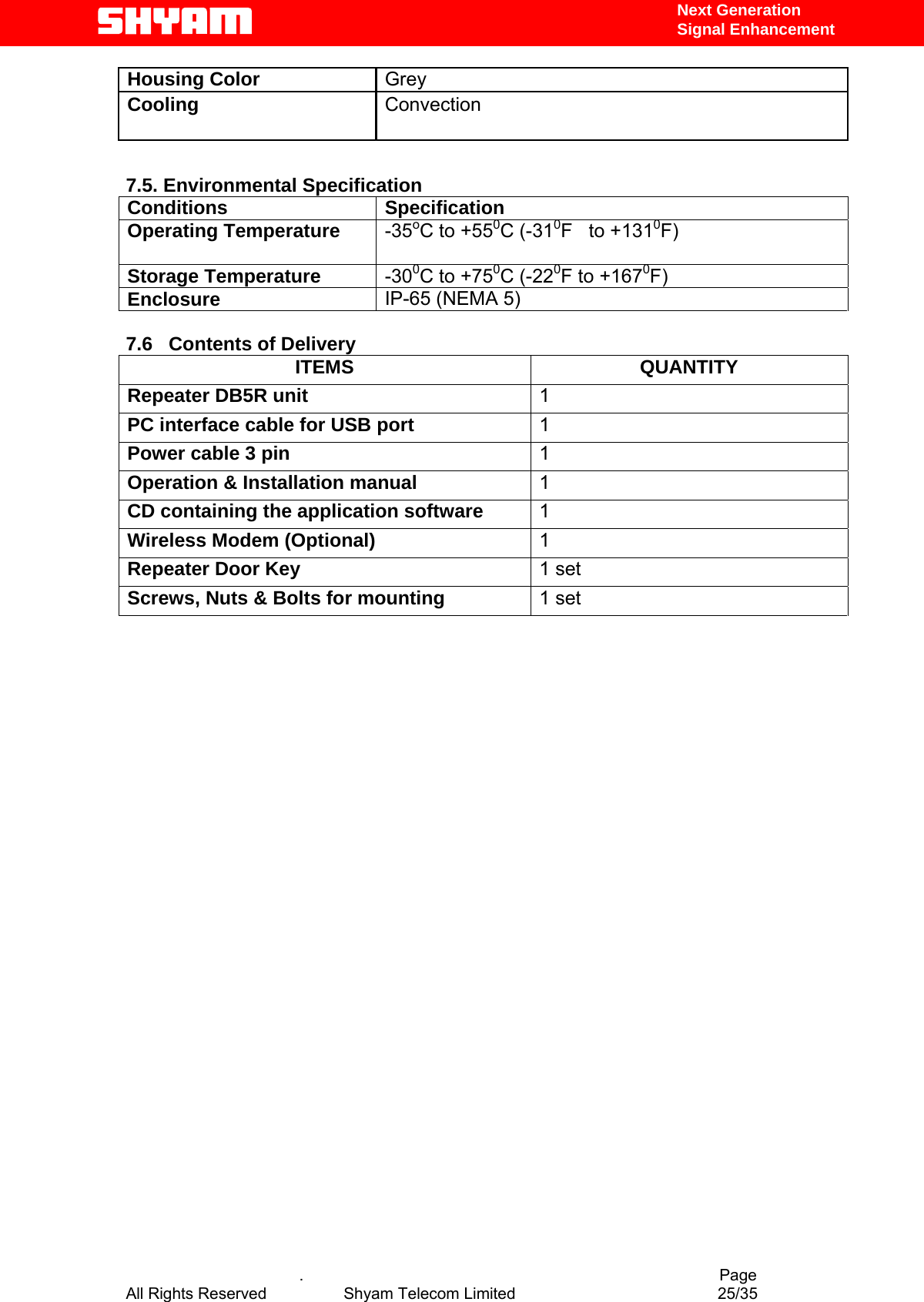   Next Generation  Signal Enhancement Housing Color   Grey  Cooling   Convection      7.5. Environmental Specification Conditions Specification Operating Temperature  -35oC to +550C (-310F   to +1310F)    Storage Temperature  -300C to +750C (-220F to +1670F)  Enclosure  IP-65 (NEMA 5)  7.6   Contents of Delivery ITEMS QUANTITY Repeater DB5R unit  1 PC interface cable for USB port   1 Power cable 3 pin  1 Operation &amp; Installation manual  1 CD containing the application software  1 Wireless Modem (Optional)  1 Repeater Door Key  1 set Screws, Nuts &amp; Bolts for mounting   1 set                            .                                          Page All Rights Reserved            Shyam Telecom Limited               25/35   