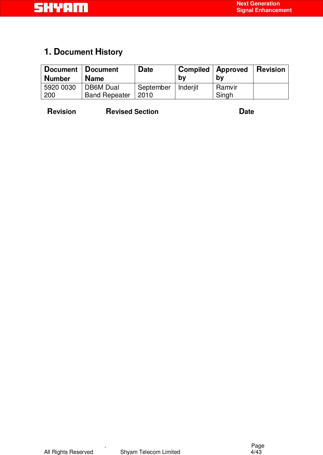    .                                          Page All Rights Reserved            Shyam Telecom Limited               4/43    Next Generation  Signal Enhancement   1. Document History  Document Number Document Name Date  Compiled by  Approved by  Revision 5920 0030 200  DB6M Dual Band Repeater  September 2010  Inderjit Ramvir Singh       Revision                Revised Section                                           Date             