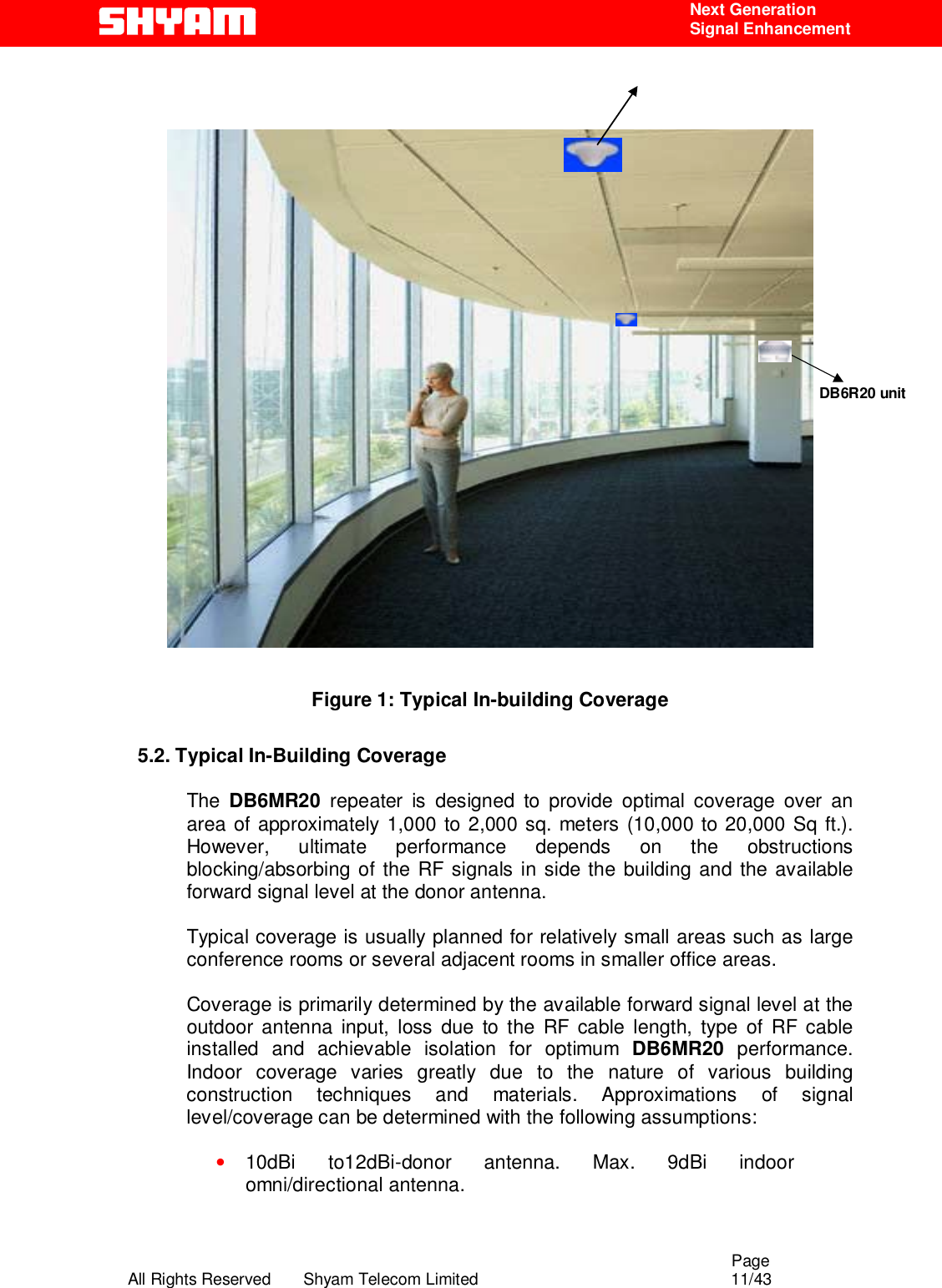                                                                                                  Page All Rights Reserved       Shyam Telecom Limited                                            11/43  Next Generation  Signal Enhancement       Figure 1: Typical In-building Coverage    5.2. Typical In-Building Coverage  The  DB6MR20 repeater is designed to provide optimal coverage over an area of approximately 1,000 to 2,000 sq. meters (10,000 to 20,000 Sq ft.). However, ultimate performance depends on the obstructions blocking/absorbing of the RF signals in side the building and the available forward signal level at the donor antenna.   Typical coverage is usually planned for relatively small areas such as large conference rooms or several adjacent rooms in smaller office areas.   Coverage is primarily determined by the available forward signal level at the outdoor antenna input, loss due to the RF cable length, type of RF cable installed and achievable isolation for optimum DB6MR20 performance. Indoor coverage varies greatly due to the nature of various building construction techniques and materials. Approximations of signal level/coverage can be determined with the following assumptions:  • 10dBi to12dBi-donor antenna. Max. 9dBi indoor omni/directional antenna. DB6R20 unit  