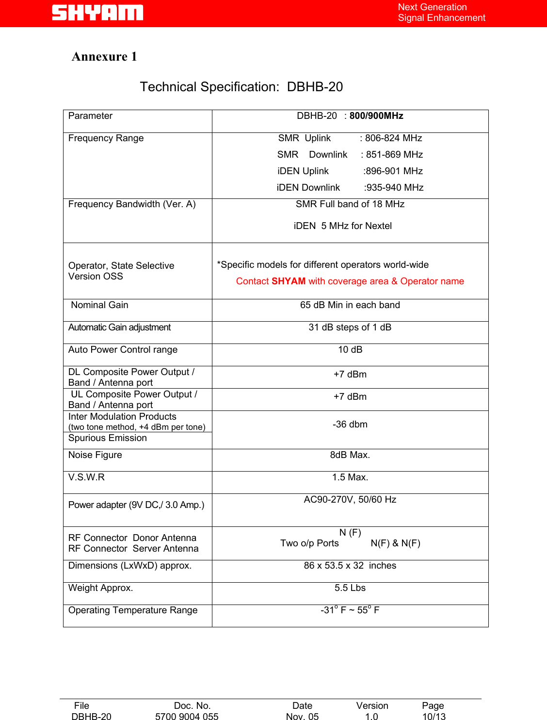   File  Doc. No.               Date   Version  Page DBHB-20  5700 9004 055  Nov. 05   1.0  10/13    Next Generation Signal Enhancement  Annexure 1    Technical Specification:  DBHB-20  Parameter  DBHB-20   : 800/900MHz Frequency Range  SMR  Uplink        : 806-824 MHz SMR    Downlink     : 851-869 MHz iDEN Uplink             :896-901 MHz iDEN Downlink         :935-940 MHz Frequency Bandwidth (Ver. A)  SMR Full band of 18 MHz                              iDEN  5 MHz for Nextel Operator, State Selective Version OSS  *Specific models for different operators world-wide Contact SHYAM with coverage area &amp; Operator name  Nominal Gain  65 dB Min in each band Automatic Gain adjustment    31 dB steps of 1 dB  Auto Power Control range  10 dB  DL Composite Power Output / Band / Antenna port  +7 dBm   UL Composite Power Output / Band / Antenna port  +7 dBm  Inter Modulation Products (two tone method, +4 dBm per tone) Spurious Emission  -36 dbm Noise Figure  8dB Max. V.S.W.R 1.5 Max. Power adapter (9V DC,/ 3.0 Amp.)  AC90-270V, 50/60 Hz RF Connector  Donor Antenna      RF Connector  Server Antenna N (F)  Two o/p Ports            N(F) &amp; N(F)  Dimensions (LxWxD) approx.  86 x 53.5 x 32  inches Weight Approx.  5.5 Lbs Operating Temperature Range  -31o F ~ 55o F   