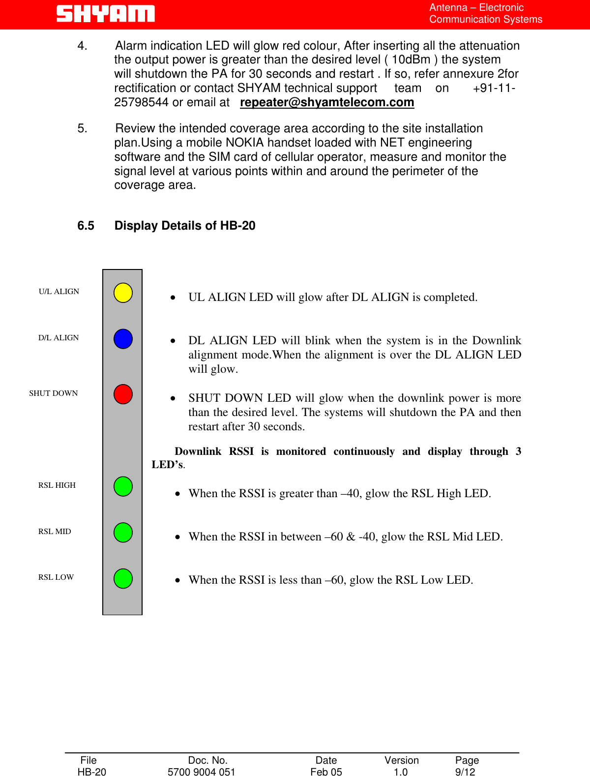  Antenna – Electronic Communication Systems 4.        Alarm indication LED will glow red colour, After inserting all the attenuation the output power is greater than the desired level ( 10dBm ) the system will shutdown the PA for 30 seconds and restart . If so, refer annexure 2for    rectification or contact SHYAM technical support     team    on       +91-11-25798544 or email at   repeater@shyamtelecom.com 5.        Review the intended coverage area according to the site installation plan.Using a mobile NOKIA handset loaded with NET engineering software and the SIM card of cellular operator, measure and monitor the signal level at various points within and around the perimeter of the coverage area.   6.5  Display Details of HB-20       U/L ALIGN  •  UL ALIGN LED will glow after DL ALIGN is completed.    D/L ALIGN  •  DL ALIGN LED will blink when the system is in the Downlink alignment mode.When the alignment is over the DL ALIGN LED will glow.     SHUT DOWN  •  SHUT DOWN LED will glow when the downlink power is more than the desired level. The systems will shutdown the PA and then restart after 30 seconds.    Downlink  RSSI  is  monitored  continuously  and  display  through  3               LED’s.   RSL HIGH  •  When the RSSI is greater than –40, glow the RSL High LED.    RSL MID  •  When the RSSI in between –60 &amp; -40, glow the RSL Mid LED.    RSL LOW  •  When the RSSI is less than –60, glow the RSL Low LED.             File  Doc. No.               Date   Version  Page HB-20  5700 9004 051  Feb 05   1.0  9/12    