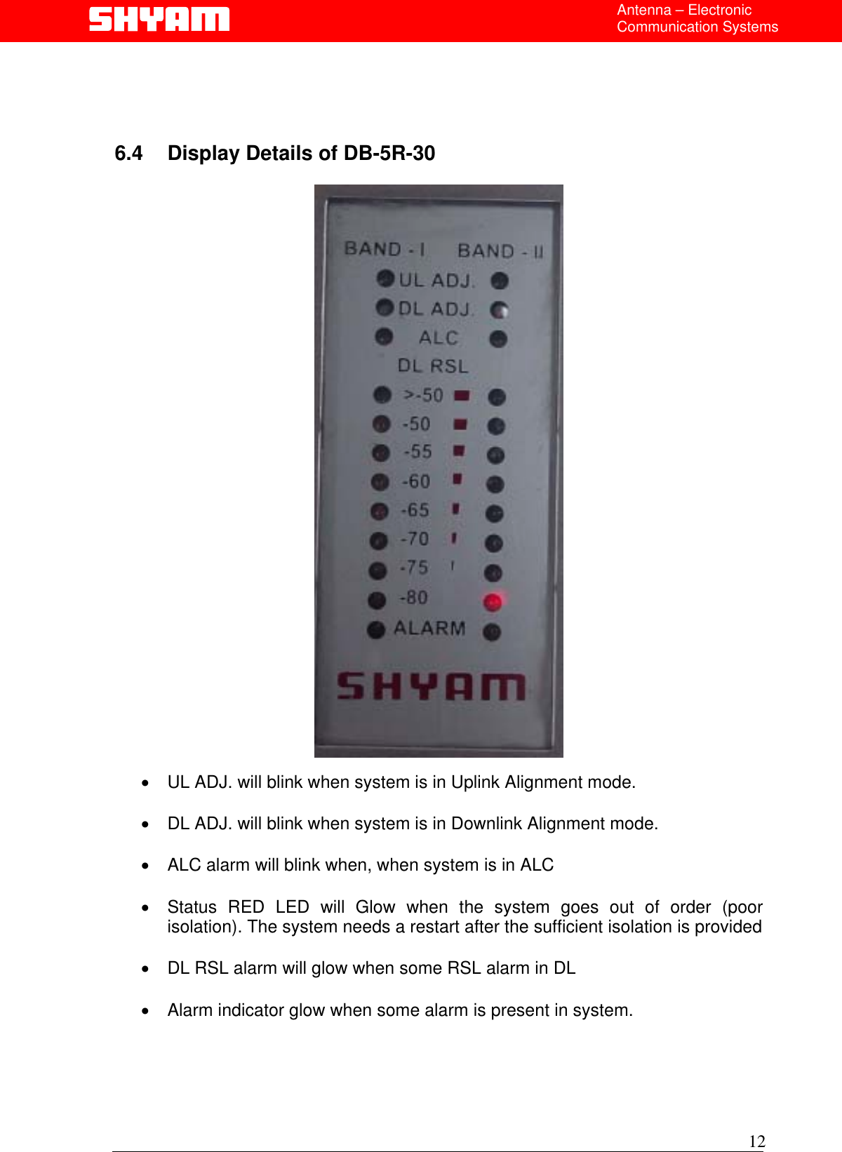  Antenna – Electronic Communication Systems     6.4  Display Details of DB-5R-30              •  UL ADJ. will blink when system is in Uplink Alignment mode.  •  DL ADJ. will blink when system is in Downlink Alignment mode.  •  ALC alarm will blink when, when system is in ALC   •  Status RED LED will Glow when the system goes out of order (poor isolation). The system needs a restart after the sufficient isolation is provided  •  DL RSL alarm will glow when some RSL alarm in DL   •  Alarm indicator glow when some alarm is present in system.      12  