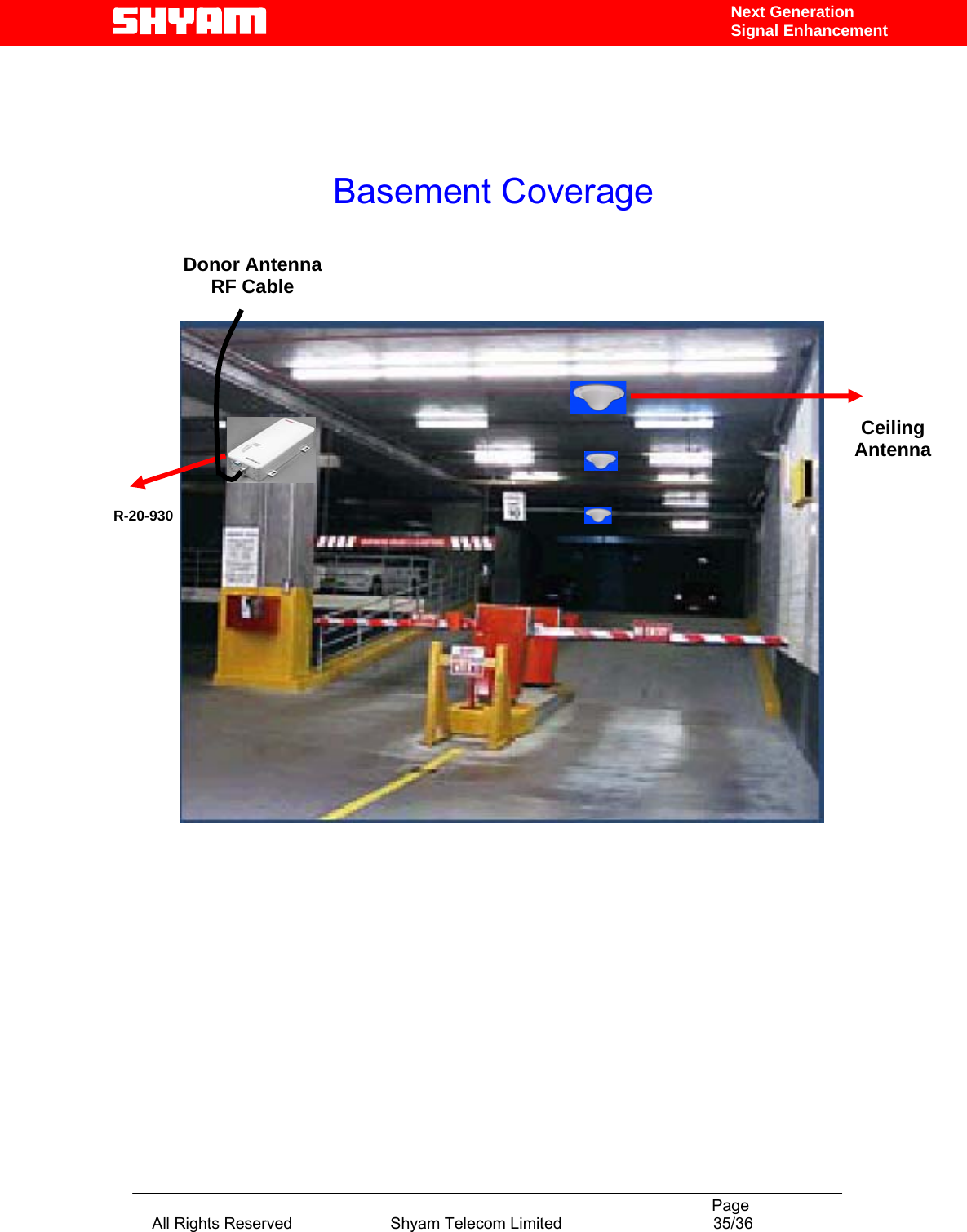                                                                                           Page All Rights Reserved                      Shyam Telecom Limited                                  35/36 Next Generation Signal Enhancement                                          R-20-930 Ceiling Antenna Donor Antenna RF Cable Basement Coverage 