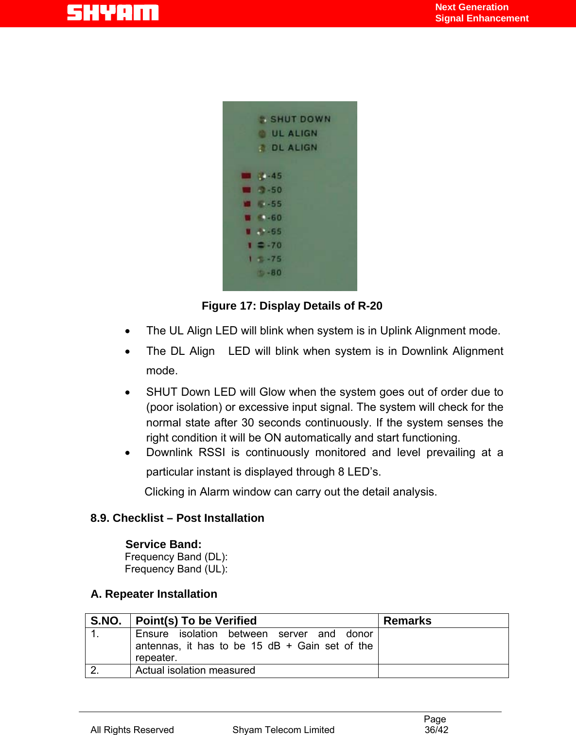                                                                                           Page All Rights Reserved                      Shyam Telecom Limited                                  36/42 Next Generation Signal Enhancement                                                       Figure 17: Display Details of R-20  •  The UL Align LED will blink when system is in Uplink Alignment mode. •  The DL Align   LED will blink when system is in Downlink Alignment mode. •  SHUT Down LED will Glow when the system goes out of order due to (poor isolation) or excessive input signal. The system will check for the normal state after 30 seconds continuously. If the system senses the right condition it will be ON automatically and start functioning. •  Downlink RSSI is continuously monitored and level prevailing at a particular instant is displayed through 8 LED’s.                  Clicking in Alarm window can carry out the detail analysis. 8.9. Checklist – Post Installation                    Service Band:     Frequency Band (DL): Frequency Band (UL):  A. Repeater Installation  S.NO.  Point(s) To be Verified  Remarks 1.  Ensure isolation between server and donor antennas, it has to be 15 dB + Gain set of the repeater.    2.  Actual isolation measured   