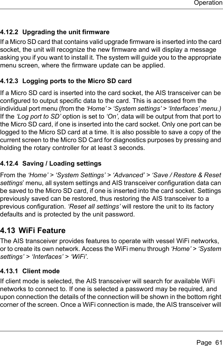 Page 63 of Si Tex Marine Electronics 425-0022 Marine Class A AIS Transceiver with WLAN User Manual Artemis  Apollo  EN