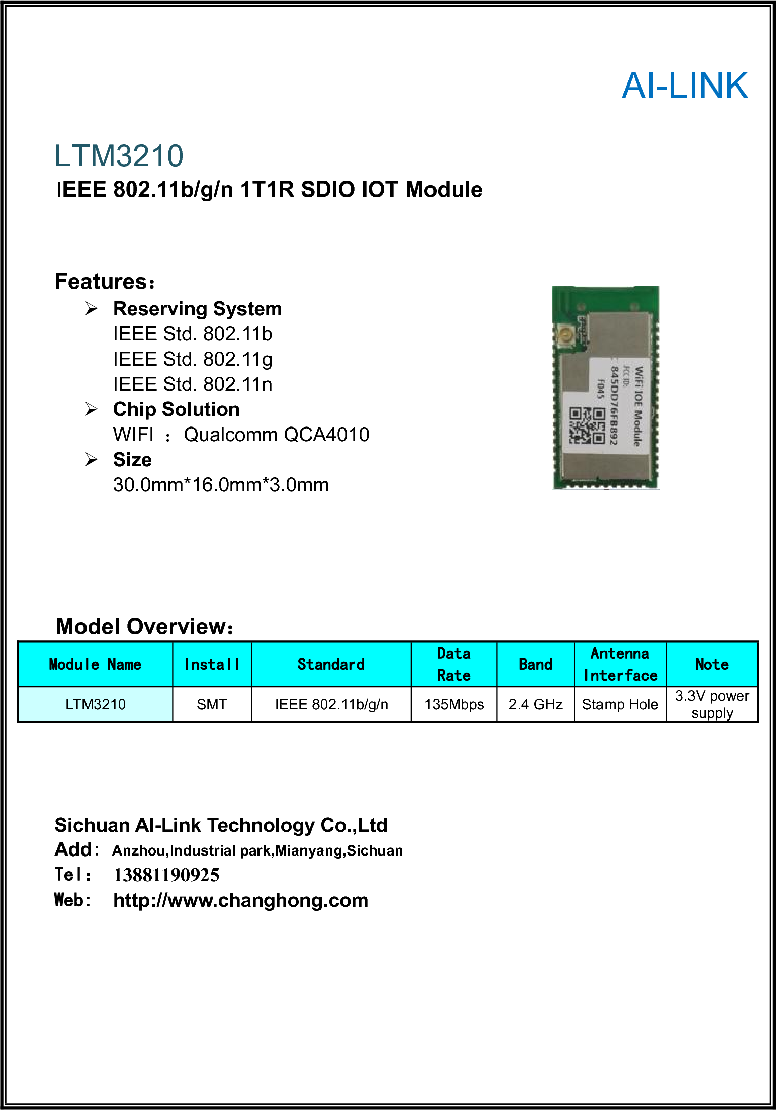 Sichuan AI Link Technology LTM3210 WIFI MODULE User Manual