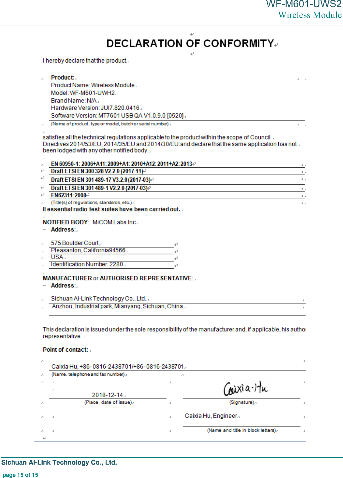 Page 15 of Sichuan AI Link Technology WFM601UWH2 Wireless Module User Manual