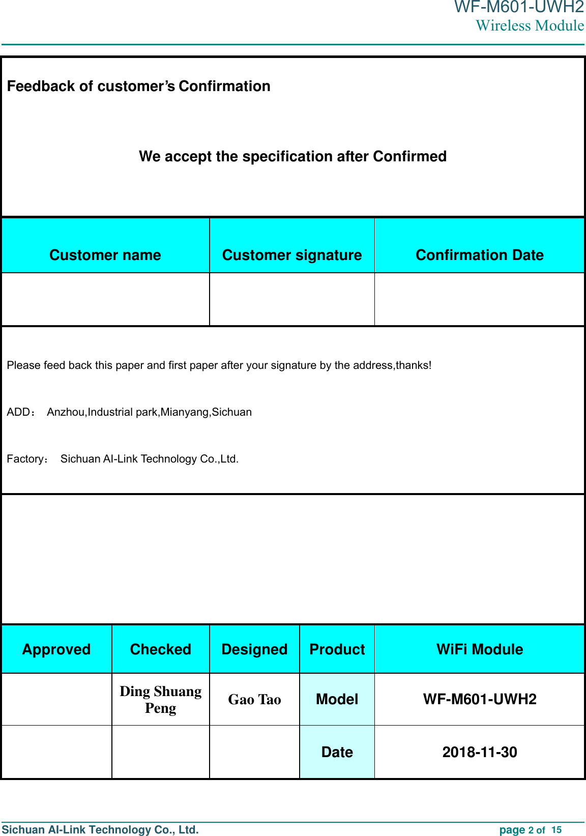 Page 2 of Sichuan AI Link Technology WFM601UWH2 Wireless Module User Manual