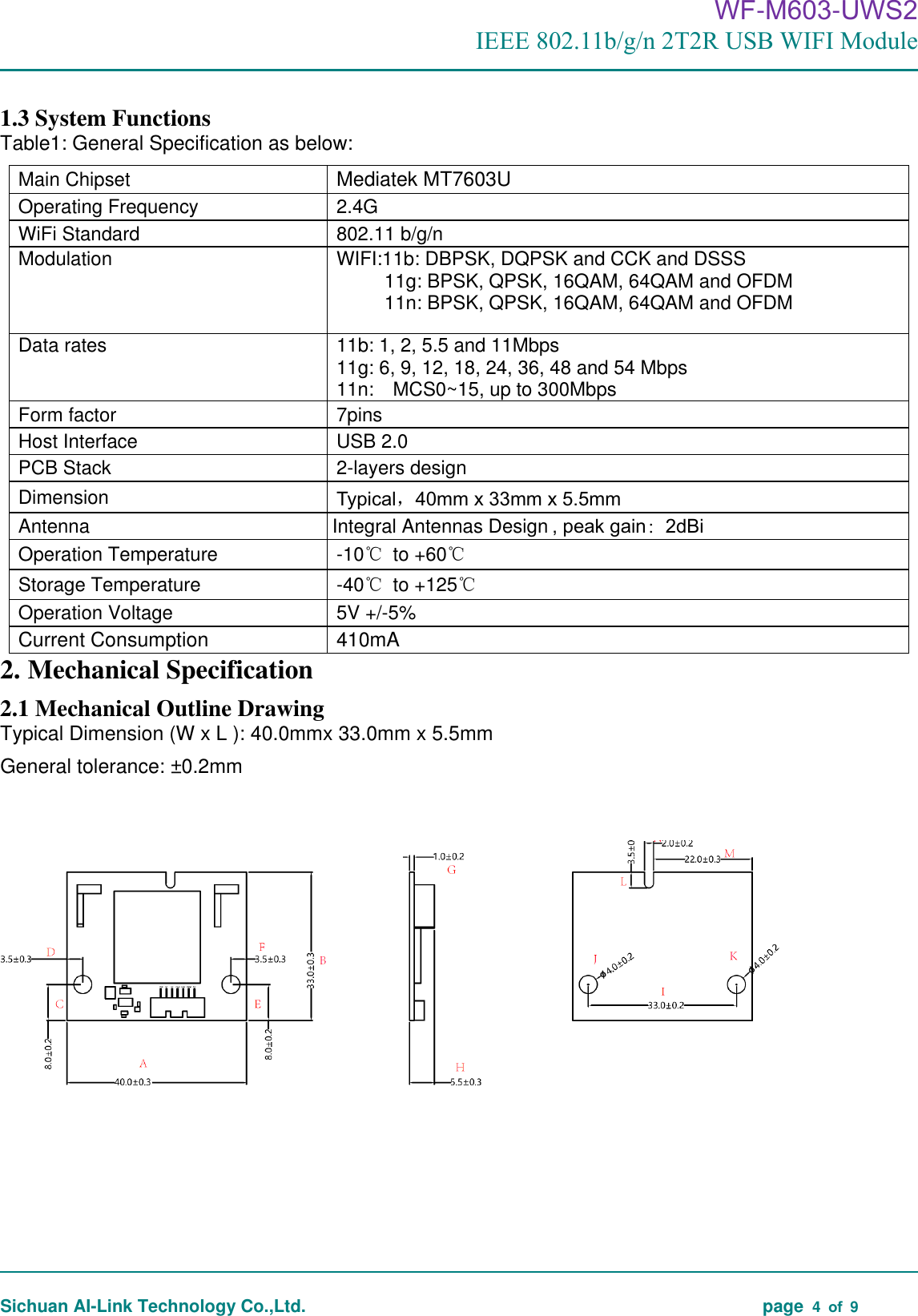  WF-M603-UWS2 IEEE 802.11b/g/n 2T2R USB WIFI Module Sichuan AI-Link Technology Co.,Ltd.  page  4  of  9 1.3 System Functions   Table1: General Specification as below: Main Chipset  Mediatek MT7603U Operating Frequency  2.4G WiFi Standard  802.11 b/g/n Modulation  WIFI:11b: DBPSK, DQPSK and CCK and DSSS 11g: BPSK, QPSK, 16QAM, 64QAM and OFDM 11n: BPSK, QPSK, 16QAM, 64QAM and OFDM Data rates  11b: 1, 2, 5.5 and 11Mbps   11g: 6, 9, 12, 18, 24, 36, 48 and 54 Mbps 11n:    MCS0~15, up to 300Mbps Form factor  7pins Host Interface  USB 2.0 PCB Stack  2-layers designDimension  Typical，40mm x 33mm x 5.5mm Antenna  Integral Antennas Design , peak gain：2dBi Operation Temperature  -10℃ to +60℃Storage Temperature  -40℃ to +125℃Operation Voltage  5V +/-5% Current Consumption 410mA 2. Mechanical Specification2.1 Mechanical Outline Drawing Typical Dimension (W x L ): 40.0mmx 33.0mm x 5.5mm General tolerance: ±0.2mm 