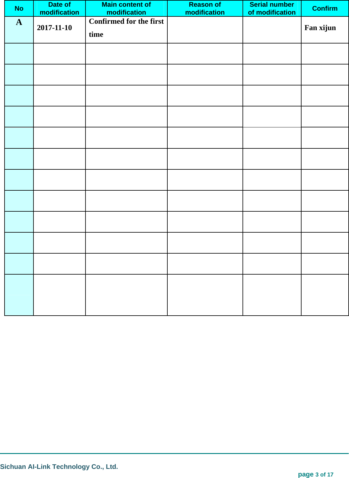                                                                                                                                  Sichuan AI-Link Technology Co., Ltd.                                                                            page 3 of 17  No  Date of modification  Main content of modification  Reason of modification  Serial number of modification  Confirm A  2017-11-10  Confirmed for the first time    Fan xijun                                                                                                                      