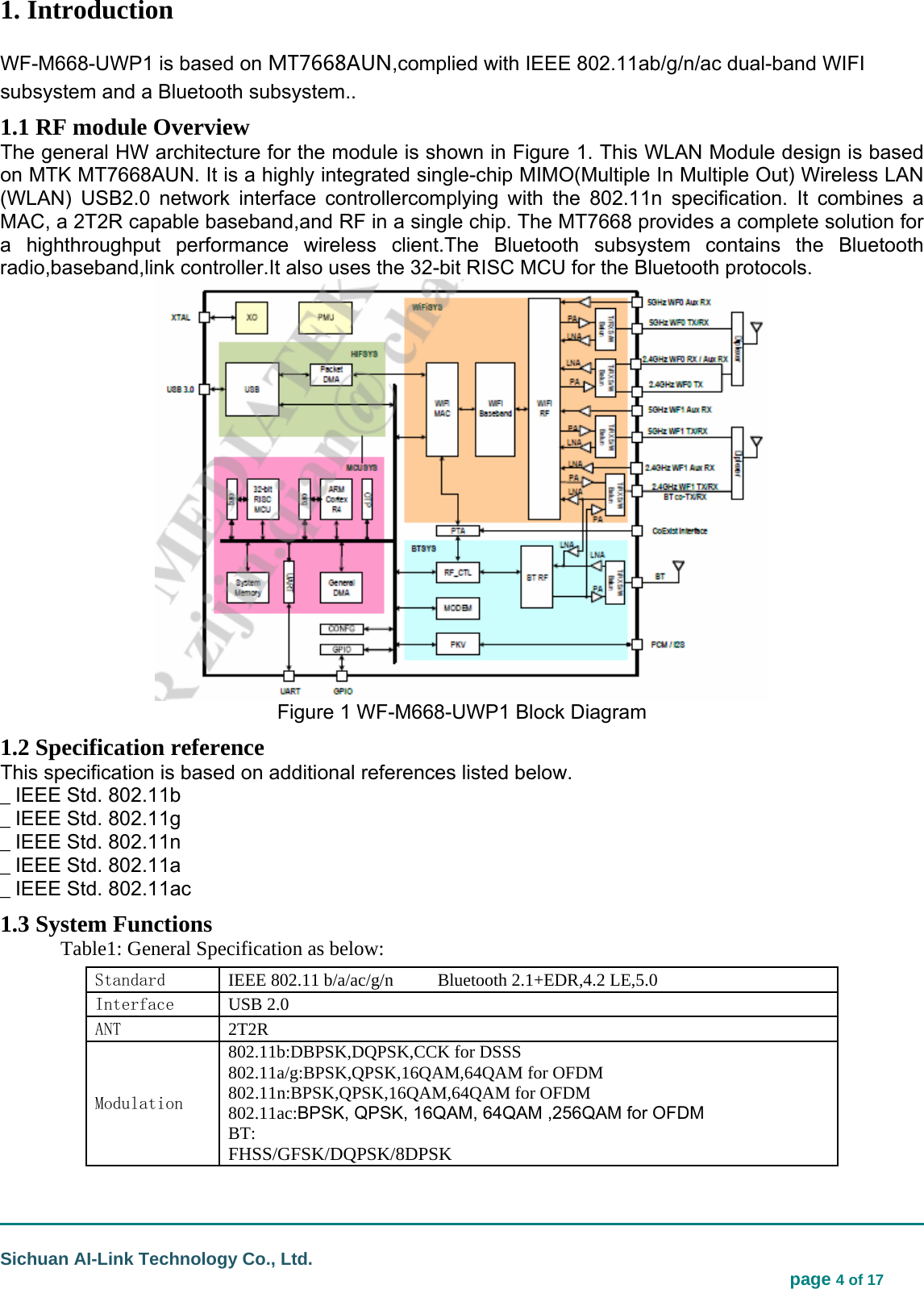                                                                                                                                  Sichuan AI-Link Technology Co., Ltd.                                                                            page 4 of 17 1. Introduction WF-M668-UWP1 is based on MT7668AUN,complied with IEEE 802.11ab/g/n/ac dual-band WIFI subsystem and a Bluetooth subsystem..   1.1 RF module Overview The general HW architecture for the module is shown in Figure 1. This WLAN Module design is based on MTK MT7668AUN. It is a highly integrated single-chip MIMO(Multiple In Multiple Out) Wireless LAN (WLAN) USB2.0 network interface controllercomplying with the 802.11n specification. It combines a MAC, a 2T2R capable baseband,and RF in a single chip. The MT7668 provides a complete solution for a highthroughput performance wireless client.The Bluetooth subsystem contains the Bluetooth radio,baseband,link controller.It also uses the 32-bit RISC MCU for the Bluetooth protocols.  Figure 1 WF-M668-UWP1 Block Diagram 1.2 Specification reference This specification is based on additional references listed below. _ IEEE Std. 802.11b _ IEEE Std. 802.11g _ IEEE Std. 802.11n _ IEEE Std. 802.11a _ IEEE Std. 802.11ac 1.3 System Functions   Table1: General Specification as below:   Standard IEEE 802.11 b/a/ac/g/n     Bluetooth 2.1+EDR,4.2 LE,5.0 Interface USB 2.0 ANT  2T2R Modulation 802.11b:DBPSK,DQPSK,CCK for DSSS 802.11a/g:BPSK,QPSK,16QAM,64QAM for OFDM 802.11n:BPSK,QPSK,16QAM,64QAM for OFDM 802.11ac:BPSK, QPSK, 16QAM, 64QAM ,256QAM for OFDM BT: FHSS/GFSK/DQPSK/8DPSK 