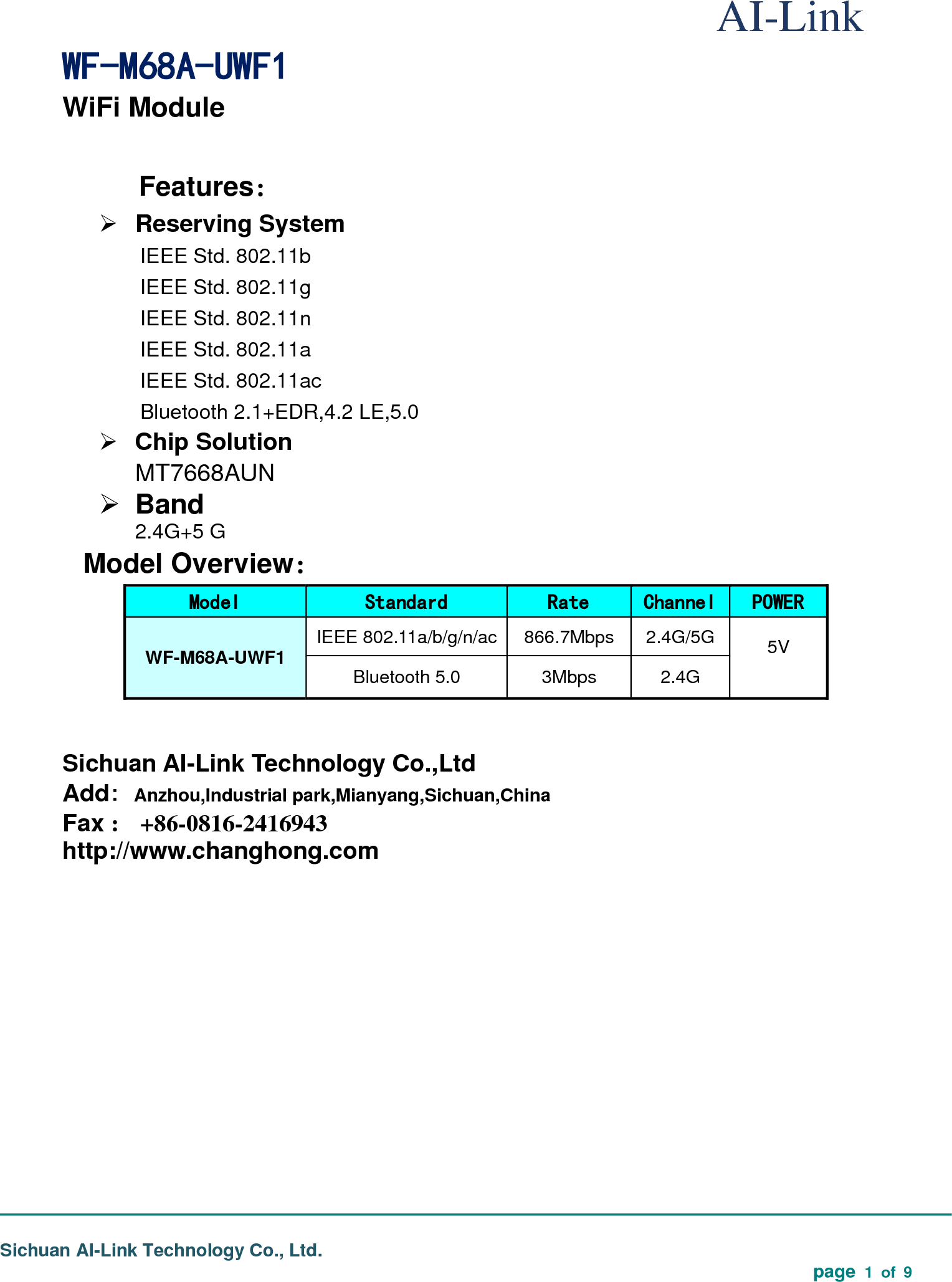 Sichuan AI Link Technology WFM68AUWF1 WiFi Module User Manual