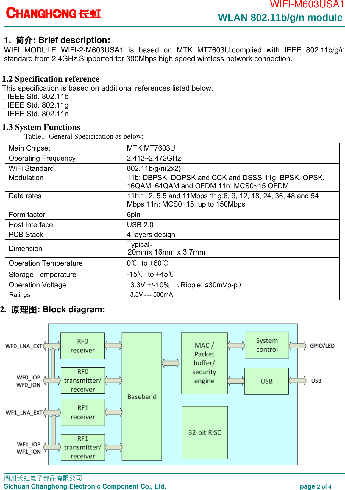                                                                                        WIFI-M603USA1                                                                                                                                                                                                                                                                                                                                                 四川长虹电子部品有限公司                                                                               Sichuan Changhong Electronic Component Co., Ltd.                                                              page 2 of 4  1. 简介: Brief description: WIFI  MODULE  WIFI-2-M603USA1  is  based  on  MTK  MT7603U.complied  with  IEEE  802.11b/g/n standard from 2.4GHz.Supported for 300Mbps high speed wireless network connection.  2. 原理图: Block diagram:                       WLAN 802.11b/g/n module 1.2 Specification reference This specification is based on additional references listed below. _ IEEE Std. 802.11b _ IEEE Std. 802.11g _ IEEE Std. 802.11n 1.3 System Functions   Table1: General Specification as below:   Main Chipset   MTK MT7603U Operating Frequency   2.412~2.472GHz   WiFi Standard   802.11b/g/n(2x2)   Modulation   11b: DBPSK, DQPSK and CCK and DSSS 11g: BPSK, QPSK, 16QAM, 64QAM and OFDM 11n: MCS0~15 OFDM   Data rates   11b:1, 2, 5.5 and 11Mbps 11g:6, 9, 12, 18, 24, 36, 48 and 54 Mbps 11n: MCS0~15, up to 150Mbps   Form factor   6pin   Host Interface   USB 2.0   PCB Stack   4-layers design   Dimension   Typical， Operation Temperature   0℃ to +60℃  Storage Temperature   -15℃ to +45℃  Operation Voltage    3.3V +/-10%  （Ripple: &le;30mVp-p）   Ratings  3.3V      500mA20mmx 16mm x 3.7mm   