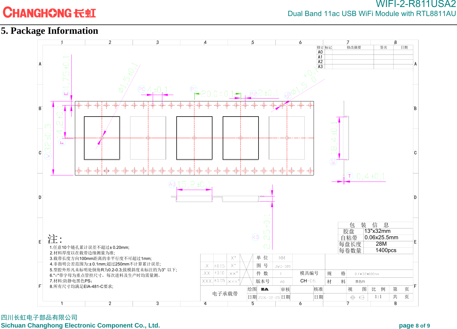                                                                                             WIFI-2-R811USA2                             Dual Band 11ac USB WiFi Module with RTL8811AU  四川长虹电子部品有限公司 Sichuan Changhong Electronic Component Co., Ltd.                                                                           page 8 of 9  5. Package Information A1A0日期签名修改摘要标记修订12345678FABCDE87654321FEDCBA单 位图 号件 数版本号   模具编号 规    格材    料绘图  审核 核准 比  例 第   页共   页1:1视    图日期 日期 日期A3A2黑色PSZA   电子承载带1.任意10个链孔累计误差不超过&plusmn; 0.20mm;2.材料厚度以在载带边缘测量为准;3.载带长度方向100mm距离的非平行度不可超过1mm;4.非指明公差范围为:&plusmn; 0.1mm;超过250mm不计算累计误差;5.型腔外形凡未标明处倒角R为0.2-0.3;拔模斜度未标注的为3&deg; 以下;6."○"带字母为重点管控尺寸，每次进料及生产时均需量测。7.材料:防静电黑色PS；8.所有尺寸均满足EIA-481-C要求;注:包  装  信  息1400pcs每卷数量28M每盘长度0.06x25.5mm自粘带胶盘 13"x32mmCH