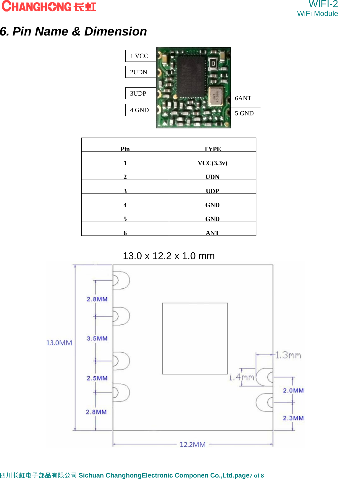  WIFI-2 WiFi Module   四川长虹电子部品有限公司 Sichuan ChanghongElectronic Componen Co.,Ltd.page7 of 8 6. Pin Name &amp; Dimension        Pin TYPE1 VCC(3.3v)2 UDN3 UDP4 GND5 GND6 ANT 13.0 x 12.2 x 1.0 mm   1 VCC2UDN3UDP4 GND 5 GND 6ANT 