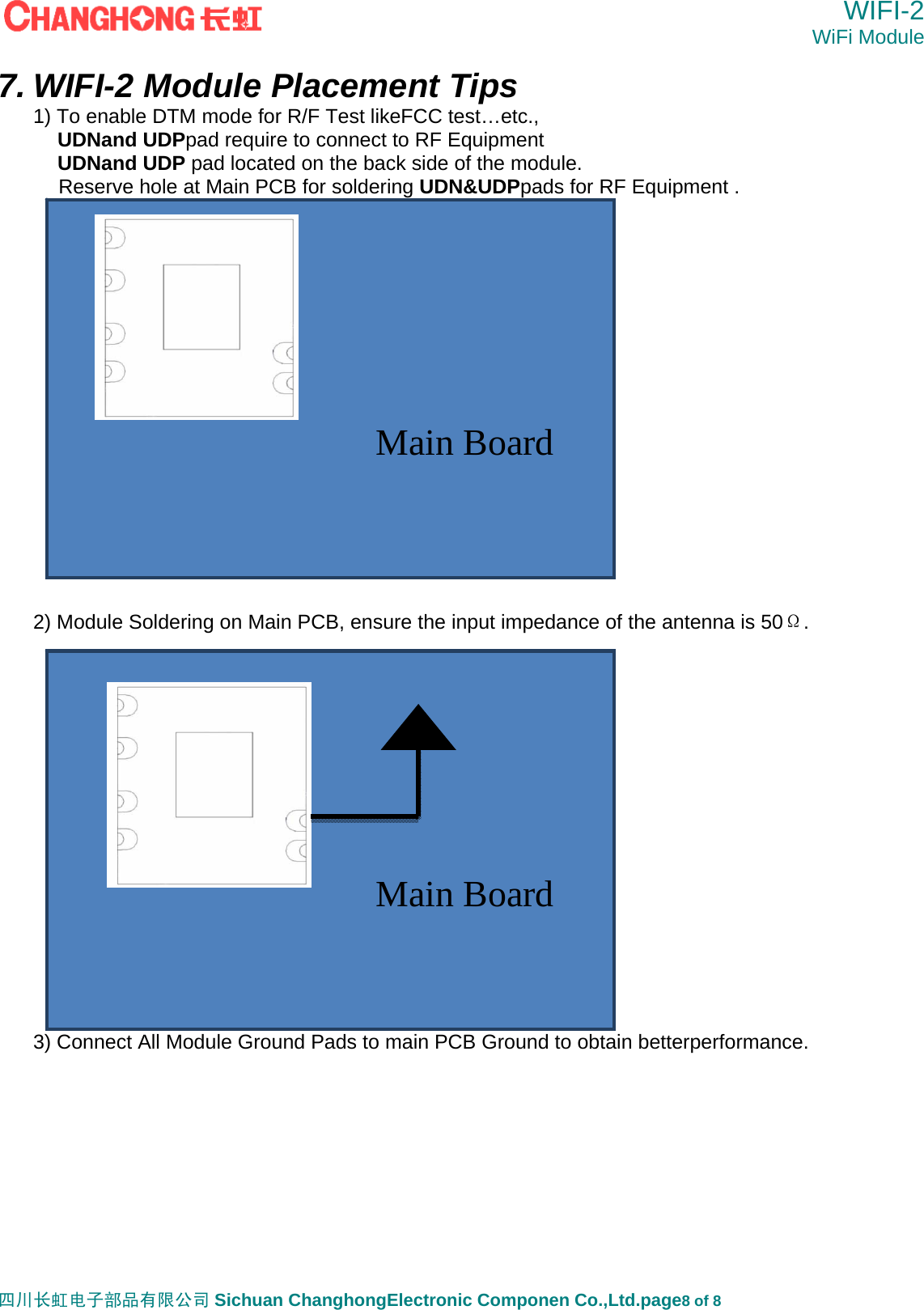  WIFI-2 WiFi Module   四川长虹电子部品有限公司 Sichuan ChanghongElectronic Componen Co.,Ltd.page8 of 8 7. WIFI-2 Module Placement Tips 1) To enable DTM mode for R/F Test likeFCC test&hellip;etc., UDNand UDPpad require to connect to RF Equipment   UDNand UDP pad located on the back side of the module. Reserve hole at Main PCB for soldering UDN&amp;UDPpads for RF Equipment .            2) Module Soldering on Main PCB, ensure the input impedance of the antenna is 50&Omega;.                  3) Connect All Module Ground Pads to main PCB Ground to obtain betterperformance.                    Main Board           Main Board 