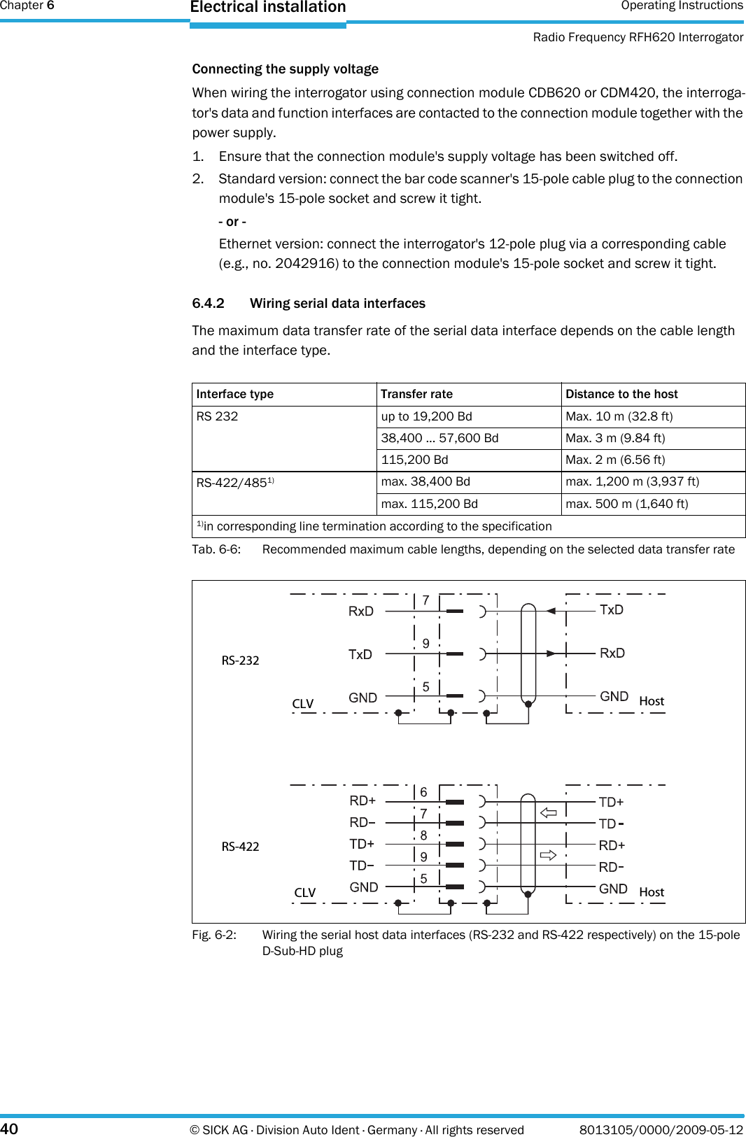 Chapter 6 Operating InstructionsRadio Frequency RFH620 Interrogator40 © SICK AG · Division Auto Ident · Germany · All rights reserved 8013105/0000/2009-05-12Electrical installationConnecting the supply voltageWhen wiring the interrogator using connection module CDB620 or CDM420, the interroga-tor&apos;s data and function interfaces are contacted to the connection module together with the power supply.1. Ensure that the connection module&apos;s supply voltage has been switched off.2. Standard version: connect the bar code scanner&apos;s 15-pole cable plug to the connection module&apos;s 15-pole socket and screw it tight.- or -Ethernet version: connect the interrogator&apos;s 12-pole plug via a corresponding cable (e.g., no. 2042916) to the connection module&apos;s 15-pole socket and screw it tight.6.4.2 Wiring serial data interfacesThe maximum data transfer rate of the serial data interface depends on the cable length and the interface type.Tab. 6-6: Recommended maximum cable lengths, depending on the selected data transfer rateFig. 6-2: Wiring the serial host data interfaces (RS-232 and RS-422 respectively) on the 15-pole D-Sub-HD plugInterface type Transfer rate Distance to the hostRS 232 up to 19,200 Bd Max. 10 m (32.8 ft)38,400 ... 57,600 Bd Max. 3 m (9.84 ft)115,200 Bd Max. 2 m (6.56 ft)RS-422/4851) max. 38,400 Bd max. 1,200 m (3,937 ft)max. 115,200 Bd max. 500 m (1,640 ft)1)in corresponding line termination according to the specificationCLV HostHostCLV RS-232RS-422