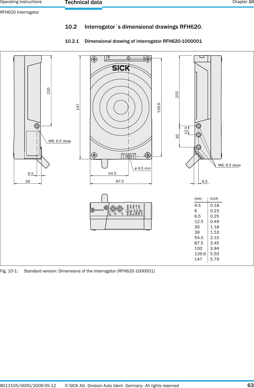 Operating Instructions  Chapter 10RFH620 InterrogatorTechnical data8013105/0000/2009-05-12 © SICK AG · Division Auto Ident · Germany · All rights reserved 6310.2 Interrogator´s dimensional drawings RFH620.10.2.1 Dimensional drawing of interrogator RFH620-1000001Fig. 10-1: Standard version: Dimensions of the interrogator (RFH620-1000001)