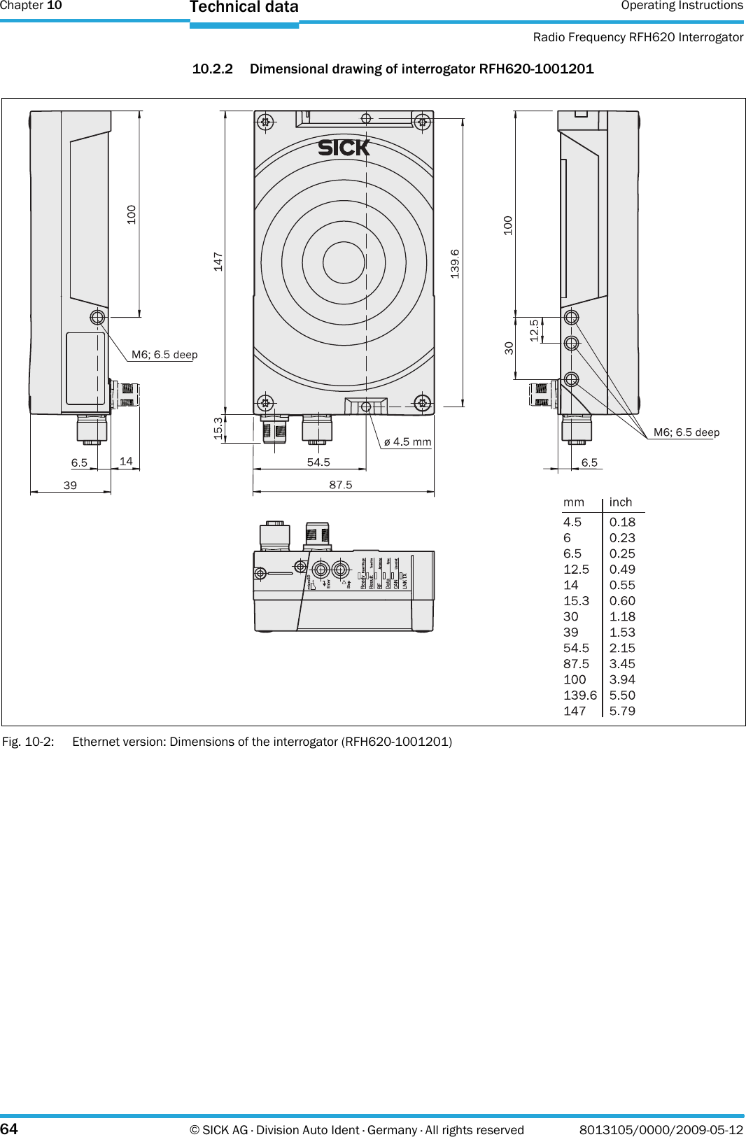 Chapter 10 Operating InstructionsRadio Frequency RFH620 Interrogator64 © SICK AG · Division Auto Ident · Germany · All rights reserved 8013105/0000/2009-05-12Technical data10.2.2 Dimensional drawing of interrogator RFH620-1001201Fig. 10-2: Ethernet version: Dimensions of the interrogator (RFH620-1001201)