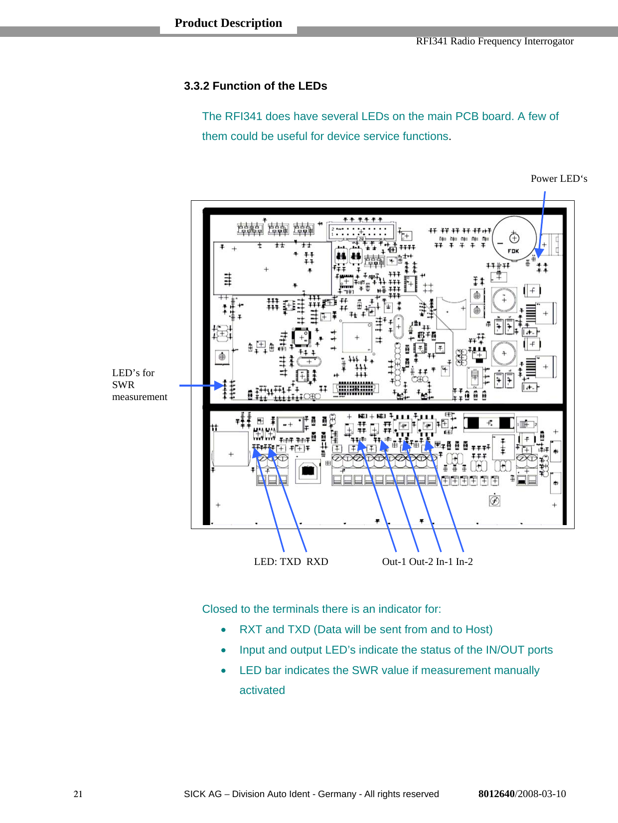   RFI341 Radio Frequency Interrogator21  SICK AG − Division Auto Ident - Germany - All rights reserved 8012640/2008-03-103.3.2 Function of the LEDsThe RFI341 does have several LEDs on the main PCB board. A few ofthem could be useful for device service functions.Closed to the terminals there is an indicator for:•  RXT and TXD (Data will be sent from and to Host)•  Input and output LED’s indicate the status of the IN/OUT ports•  LED bar indicates the SWR value if measurement manuallyactivatedProduct Description         Out-1 Out-2 In-1 In-2LED: TXD  RXDPower LED‘sLED’s forSWRmeasurement