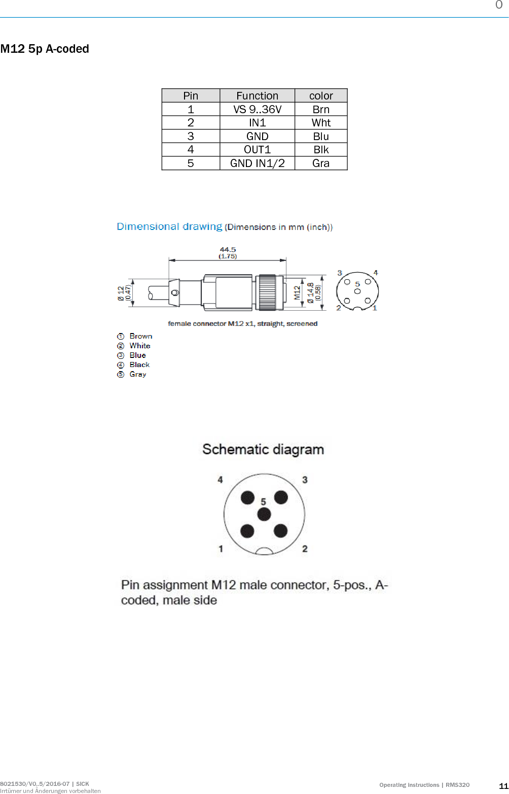 0  8021530/V0,.5/2016-07 | SICK Irrtümer und Änderungen vorbehalten Operating instructions | RMS320 11 M12 5p A-coded   Pin Function color 1 VS 9..36V Brn 2 IN1 Wht 3 GND Blu 4 OUT1 Blk 5 GND IN1/2 Gra                      