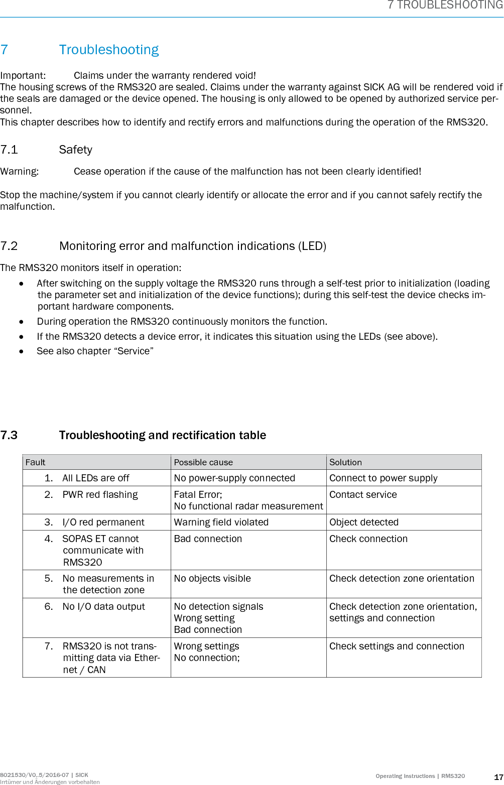 7 TROUBLESHOOTING 8021530/V0,.5/2016-07 | SICK Irrtümer und Änderungen vorbehalten Operating instructions | RMS320 17 7 Troubleshooting  Important:  Claims under the warranty rendered void! The housing screws of the RMS320 are sealed. Claims under the warranty against SICK AG will be rendered void if the seals are damaged or the device opened. The housing is only allowed to be opened by authorized service per-sonnel. This chapter describes how to identify and rectify errors and malfunctions during the operation of the RMS320. 7.1 Safety Warning:  Cease operation if the cause of the malfunction has not been clearly identified!  Stop the machine/system if you cannot clearly identify or allocate the error and if you cannot safely rectify the malfunction.  7.2 Monitoring error and malfunction indications (LED) The RMS320 monitors itself in operation:  After switching on the supply voltage the RMS320 runs through a self-test prior to initialization (loading the parameter set and initialization of the device functions); during this self-test the device checks im-portant hardware components.  During operation the RMS320 continuously monitors the function.  If the RMS320 detects a device error, it indicates this situation using the LEDs (see above).  See also chapter “Service”    7.3 Troubleshooting and rectification table  Fault Possible cause Solution 1. All LEDs are off No power-supply connected Connect to power supply 2. PWR red flashing Fatal Error;  No functional radar measurement Contact service 3. I/O red permanent Warning field violated Object detected 4. SOPAS ET cannot communicate with RMS320 Bad connection Check connection 5. No measurements in the detection zone No objects visible  Check detection zone orientation 6. No I/O data output No detection signals Wrong setting Bad connection Check detection zone orientation, settings and connection 7. RMS320 is not trans-mitting data via Ether-net / CAN Wrong settings No connection;  Check settings and connection  