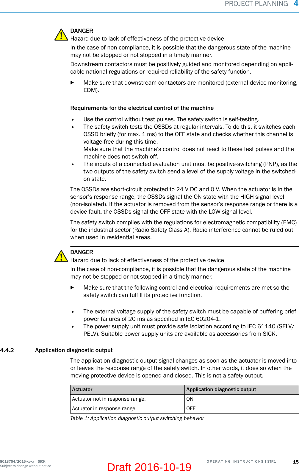 DANGERHazard due to lack of effectiveness of the protective deviceIn the case of non-compliance, it is possible that the dangerous state of the machinemay not be stopped or not stopped in a timely manner.Downstream contactors must be positively guided and monitored depending on appli‐cable national regulations or required reliability of the safety function.bMake sure that downstream contactors are monitored (external device monitoring,EDM).Requirements for the electrical control of the machine•Use the control without test pulses. The safety switch is self-testing.•The safety switch tests the OSSDs at regular intervals. To do this, it switches eachOSSD briefly (for max. 1 ms) to the OFF state and checks whether this channel isvoltage-free during this time.Make sure that the machine’s control does not react to these test pulses and themachine does not switch off.•The inputs of a connected evaluation unit must be positive-switching (PNP), as thetwo outputs of the safety switch send a level of the supply voltage in the switched-on state.The OSSDs are short-circuit protected to 24 V DC and 0 V. When the actuator is in thesensor’s response range, the OSSDs signal the ON state with the HIGH signal level(non-isolated). If the actuator is removed from the sensor’s response range or there is adevice fault, the OSSDs signal the OFF state with the LOW signal level.The safety switch complies with the regulations for electromagnetic compatibility (EMC)for the industrial sector (Radio Safety Class A). Radio interference cannot be ruled outwhen used in residential areas.DANGERHazard due to lack of effectiveness of the protective deviceIn the case of non-compliance, it is possible that the dangerous state of the machinemay not be stopped or not stopped in a timely manner.bMake sure that the following control and electrical requirements are met so thesafety switch can fulfill its protective function.•The external voltage supply of the safety switch must be capable of buffering briefpower failures of 20 ms as specified in IEC 60204-1.•The power supply unit must provide safe isolation according to IEC 61140 (SELV/PELV). Suitable power supply units are available as accessories from SICK.4.4.2 Application diagnostic outputThe application diagnostic output signal changes as soon as the actuator is moved intoor leaves the response range of the safety switch. In other words, it does so when themoving protective device is opened and closed. This is not a safety output.Actuator Application diagnostic outputActuator not in response range. ONActuator in response range. OFFTable 1: Application diagnostic output switching behaviorPROJECT PLANNING  48018754/2016-xx-xx | SICK O P E R A T I N G   I N S T R U C T I O N S | STR1 15Subject to change without noticeDraft 2016-10-19