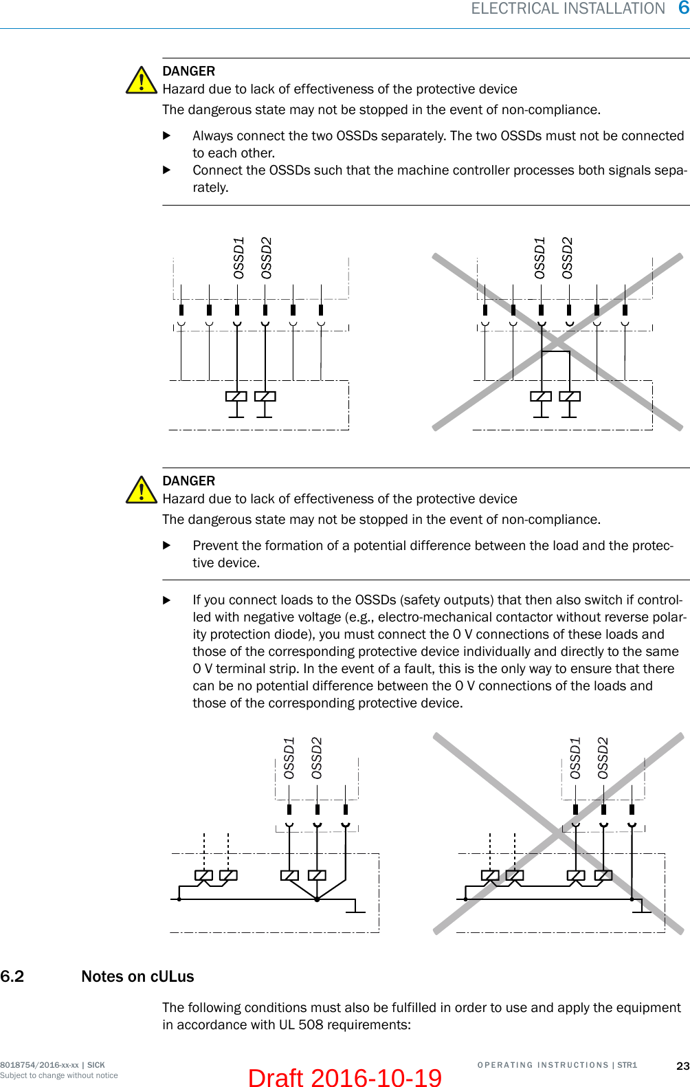 DANGERHazard due to lack of effectiveness of the protective deviceThe dangerous state may not be stopped in the event of non-compliance.bAlways connect the two OSSDs separately. The two OSSDs must not be connectedto each other.bConnect the OSSDs such that the machine controller processes both signals sepa‐rately.DANGERHazard due to lack of effectiveness of the protective deviceThe dangerous state may not be stopped in the event of non-compliance.bPrevent the formation of a potential difference between the load and the protec‐tive device.bIf you connect loads to the OSSDs (safety outputs) that then also switch if control‐led with negative voltage (e.g., electro-mechanical contactor without reverse polar‐ity protection diode), you must connect the 0 V connections of these loads andthose of the corresponding protective device individually and directly to the same0 V terminal strip. In the event of a fault, this is the only way to ensure that therecan be no potential difference between the 0 V connections of the loads andthose of the corresponding protective device.6.2 Notes on cULusThe following conditions must also be fulfilled in order to use and apply the equipmentin accordance with UL 508 requirements:ELECTRICAL INSTALLATION  68018754/2016-xx-xx | SICK O P E R A T I N G   I N S T R U C T I O N S | STR1 23Subject to change without noticeDraft 2016-10-19