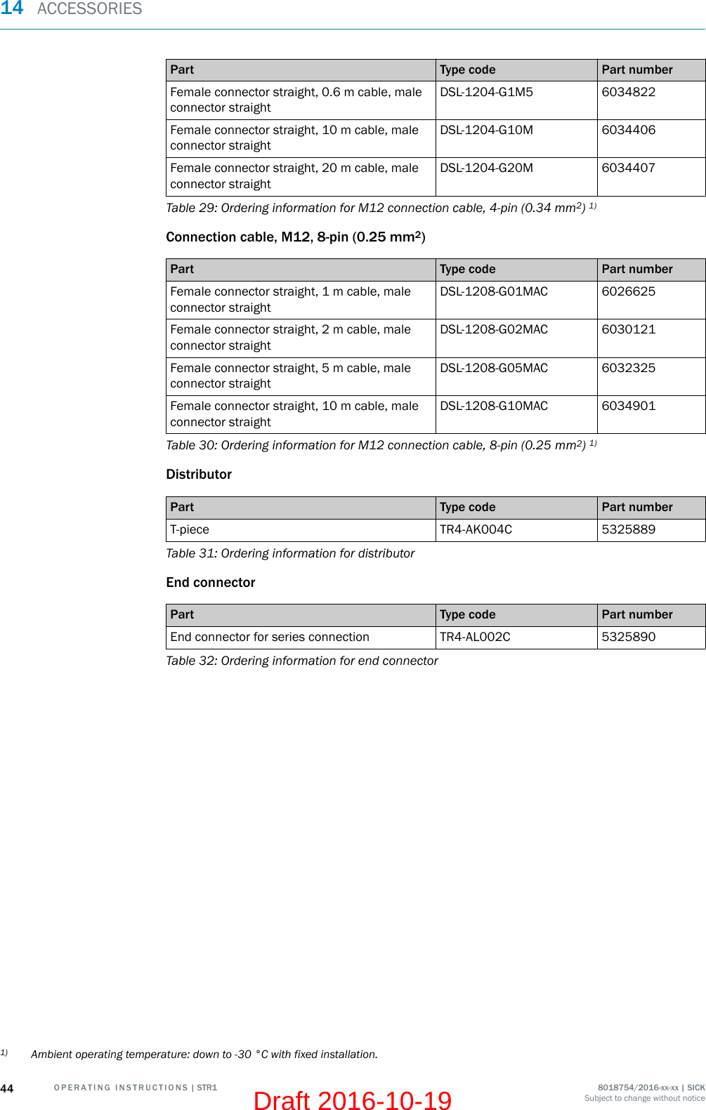 Part Type code Part numberFemale connector straight, 0.6 m cable, maleconnector straightDSL-1204-G1M5 6034822Female connector straight, 10 m cable, maleconnector straightDSL-1204-G10M 6034406Female connector straight, 20 m cable, maleconnector straightDSL-1204-G20M 6034407Table 29: Ordering information for M12 connection cable, 4-pin (0.34 mm2) 1)Connection cable, M12, 8-pin (0.25 mm2)Part Type code Part numberFemale connector straight, 1 m cable, maleconnector straightDSL-1208-G01MAC 6026625Female connector straight, 2 m cable, maleconnector straightDSL-1208-G02MAC 6030121Female connector straight, 5 m cable, maleconnector straightDSL-1208-G05MAC 6032325Female connector straight, 10 m cable, maleconnector straightDSL-1208-G10MAC 6034901Table 30: Ordering information for M12 connection cable, 8-pin (0.25 mm2) 1)DistributorPart Type code Part numberT-piece TR4-AK004C 5325889Table 31: Ordering information for distributorEnd connectorPart Type code Part numberEnd connector for series connection TR4-AL002C 5325890Table 32: Ordering information for end connector1) Ambient operating temperature: down to -30 °C with fixed installation.14  ACCESSORIES44 O P E R A T I N G   I N S T R U C T I O N S | STR1 8018754/2016-xx-xx | SICKSubject to change without noticeDraft 2016-10-19