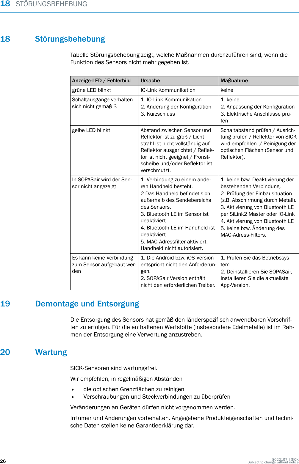 18 StörungsbehebungTabelle Störungsbehebung zeigt, welche Maßnahmen durchzuführen sind, wenn dieFunktion des Sensors nicht mehr gegeben ist.Anzeige-LED / Fehlerbild Ursache Maßnahmegrüne LED blinkt IO-Link Kommunikation keineSchaltausgänge verhaltensich nicht gemäß 31. IO-Link Kommunikation2. Änderung der Konfiguration3. Kurzschluss1. keine2. Anpassung der Konfiguration3. Elektrische Anschlüsse prü‐fengelbe LED blinkt Abstand zwischen Sensor undReflektor ist zu groß / Licht‐strahl ist nicht vollständig aufReflektor ausgerichtet / Reflek‐tor ist nicht geeignet / Fronst‐scheibe und/oder Reflektor istverschmutzt.Schaltabstand prüfen / Ausrich‐tung prüfen / Reflektor von SICKwird empfohlen. / Reinigung deroptischen Flächen (Sensor undReflektor).In SOPASair wird der Sen‐sor nicht angezeigt1. Verbindung zu einem ande‐ren Handheld besteht.2.Das Handheld befindet sichaußerhalb des Sendebereichsdes Sensors.3. Bluetooth LE im Sensor istdeaktiviert.4. Bluetooth LE im Handheld istdeaktiviert.5. MAC-Adressfilter aktiviert,Handheld nicht autorisiert.1. keine bzw. Deaktivierung derbestehenden Verbindung.2. Prüfung der Einbausituation(z.B. Abschirmung durch Metall).3. Aktivierung von Bluetooth LEper SiLink2 Master oder IO-Link4. Aktivierung von Bluetooth LE5. keine bzw. Änderung desMAC-Adress-Filters.Es kann keine Verbindungzum Sensor aufgebaut wer‐den1. Die Android bzw. iOS-Versionentspricht nicht den Anforderun‐gen.2. SOPASair Version enthältnicht den erforderlichen Treiber.1. Prüfen Sie das Betriebssys‐tem.2. Deinstallieren Sie SOPASair,Installieren Sie die aktuellsteApp-Version.19 Demontage und EntsorgungDie Entsorgung des Sensors hat gemäß den länderspezifisch anwendbaren Vorschrif‐ten zu erfolgen. Für die enthaltenen Wertstoffe (insbesondere Edelmetalle) ist im Rah‐men der Entsorgung eine Verwertung anzustreben.20 WartungSICK-Sensoren sind wartungsfrei.Wir empfehlen, in regelmäßigen Abständen•die optischen Grenzflächen zu reinigen•Verschraubungen und Steckverbindungen zu überprüfenVeränderungen an Geräten dürfen nicht vorgenommen werden.Irrtümer und Änderungen vorbehalten. Angegebene Produkteigenschaften und techni‐sche Daten stellen keine Garantieerklärung dar.18  STÖRUNGSBEHEBUNG26 8022197 | SICKSubject to change without notice