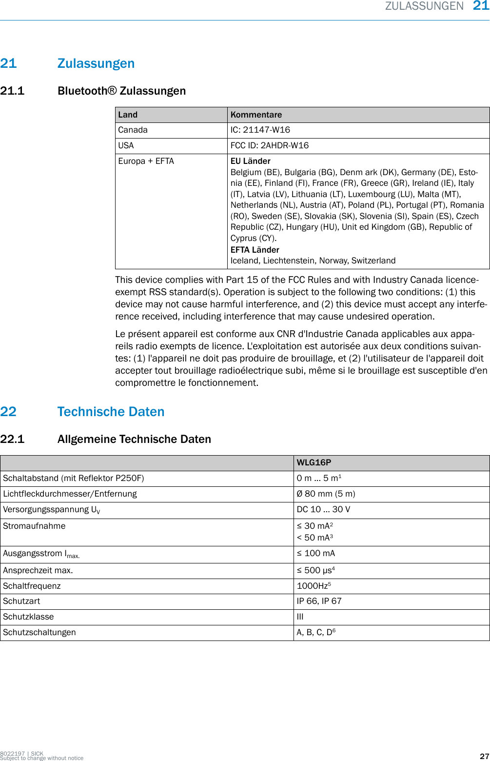 21 Zulassungen21.1 Bluetooth® ZulassungenLand KommentareCanada IC: 21147-W16USA FCC ID: 2AHDR-W16Europa + EFTA EU LänderBelgium (BE), Bulgaria (BG), Denm ark (DK), Germany (DE), Esto‐nia (EE), Finland (FI), France (FR), Greece (GR), Ireland (IE), Italy(IT), Latvia (LV), Lithuania (LT), Luxembourg (LU), Malta (MT),Netherlands (NL), Austria (AT), Poland (PL), Portugal (PT), Romania(RO), Sweden (SE), Slovakia (SK), Slovenia (SI), Spain (ES), CzechRepublic (CZ), Hungary (HU), Unit ed Kingdom (GB), Republic ofCyprus (CY).EFTA LänderIceland, Liechtenstein, Norway, SwitzerlandThis device complies with Part 15 of the FCC Rules and with Industry Canada licence-exempt RSS standard(s). Operation is subject to the following two conditions: (1) thisdevice may not cause harmful interference, and (2) this device must accept any interfe‐rence received, including interference that may cause undesired operation.Le présent appareil est conforme aux CNR d&apos;Industrie Canada applicables aux appa‐reils radio exempts de licence. L&apos;exploitation est autorisée aux deux conditions suivan‐tes: (1) l&apos;appareil ne doit pas produire de brouillage, et (2) l&apos;utilisateur de l&apos;appareil doitaccepter tout brouillage radioélectrique subi, même si le brouillage est susceptible d&apos;encompromettre le fonctionnement.22 Technische Daten22.1 Allgemeine Technische DatenWLG16PSchaltabstand (mit Reflektor P250F) 0 m ... 5 m1Lichtfleckdurchmesser/Entfernung Ø 80 mm (5 m)Versorgungsspannung UVDC 10 ... 30 VStromaufnahme ≤ 30 mA2&lt; 50 mA3Ausgangsstrom Imax. ≤ 100 mAAnsprechzeit max. ≤ 500 μs4Schaltfrequenz 1000Hz5Schutzart IP 66, IP 67Schutzklasse IIISchutzschaltungen A, B, C, D6ZULASSUNGEN  218022197 | SICKSubject to change without notice 27