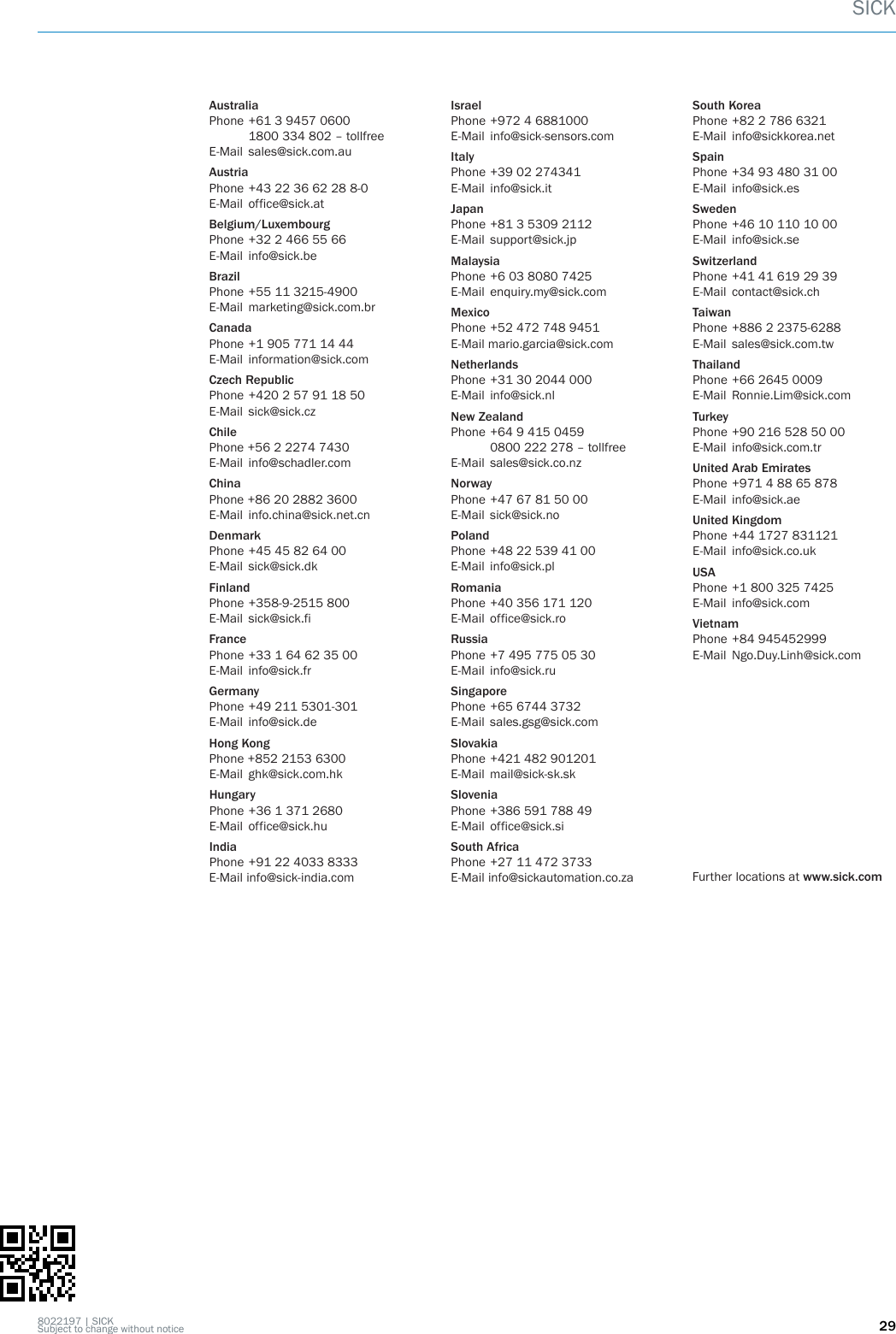 AustraliaPhone +61 3 9457 0600  1800 334 802 – tollfreeE-Mail  sales@sick.com.auAustriaPhone +43 22 36 62 28 8-0E-Mail  office@sick.atBelgium/LuxembourgPhone  +32 2 466 55 66E-Mail  info@sick.beBrazilPhone +55 11 3215-4900E-Mail  marketing@sick.com.brCanadaPhone +1 905 771 14 44E-Mail  information@sick.comCzech RepublicPhone +420 2 57 91 18 50E-Mail  sick@sick.czChilePhone +56 2 2274 7430E-Mail  info@schadler.comChinaPhone +86 20 2882 3600E-Mail  info.china@sick.net.cnDenmarkPhone +45 45 82 64 00E-Mail  sick@sick.dkFinlandPhone +358-9-2515 800E-Mail  sick@sick.fiFrancePhone +33 1 64 62 35 00E-Mail  info@sick.frGermanyPhone +49 211 5301-301E-Mail  info@sick.deHong KongPhone +852 2153 6300E-Mail  ghk@sick.com.hkHungaryPhone +36 1 371 2680E-Mail  office@sick.huIndiaPhone +91 22 4033 8333E-Mail info@sick-india.comIsraelPhone +972 4 6881000E-Mail  info@sick-sensors.comItalyPhone +39 02 274341E-Mail  info@sick.itJapanPhone +81 3 5309 2112E-Mail  support@sick.jpMalaysiaPhone +6 03 8080 7425E-Mail  enquiry.my@sick.comMexicoPhone +52 472 748 9451E-Mail mario.garcia@sick.comNetherlandsPhone +31 30 2044 000E-Mail  info@sick.nlNew Zealand Phone +64 9 415 0459  0800 222 278 – tollfreeE-Mail  sales@sick.co.nzNorway Phone +47 67 81 50 00E-Mail  sick@sick.noPolandPhone +48 22 539 41 00E-Mail  info@sick.plRomaniaPhone +40 356 171 120 E-Mail  office@sick.roRussiaPhone +7 495 775 05 30E-Mail  info@sick.ruSingaporePhone +65 6744 3732E-Mail  sales.gsg@sick.comSlovakiaPhone +421 482 901201E-Mail  mail@sick-sk.skSloveniaPhone +386 591 788 49E-Mail  office@sick.siSouth AfricaPhone +27 11 472 3733E-Mail info@sickautomation.co.zaSouth KoreaPhone +82 2 786 6321E-Mail  info@sickkorea.netSpainPhone +34 93 480 31 00E-Mail  info@sick.esSwedenPhone +46 10 110 10 00E-Mail  info@sick.seSwitzerlandPhone +41 41 619 29 39E-Mail  contact@sick.chTaiwanPhone +886 2 2375-6288E-Mail  sales@sick.com.twThailandPhone +66 2645 0009E-Mail  Ronnie.Lim@sick.comTurkeyPhone +90 216 528 50 00E-Mail  info@sick.com.trUnited Arab EmiratesPhone +971 4 88 65 878E-Mail  info@sick.aeUnited KingdomPhone +44 1727 831121E-Mail  info@sick.co.ukUSAPhone +1 800 325 7425 E-Mail  info@sick.comVietnamPhone +84 945452999E-Mail  Ngo.Duy.Linh@sick.com Further locations at www.sick.comSICK8022197 | SICKSubject to change without notice 29