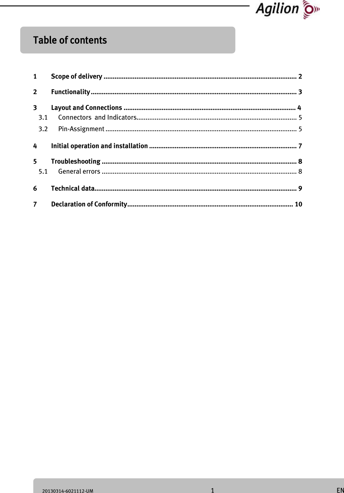 20130314-6021112-UM 1 EN Table of contents English 1 Scope of delivery .......................................................................................................... 2 2 Functionality ................................................................................................................. 3 3 Layout and Connections ............................................................................................... 4 3.1 Connectors and Indicators........................................................................................ 5 3.2 Pin-Assignment ......................................................................................................... 5 4 Initial operation and installation ................................................................................. 7 5 Troubleshooting ........................................................................................................... 8 5.1 General errors ........................................................................................................... 8 6 Technical data............................................................................................................... 9 7 Declaration of Conformity ........................................................................................... 10