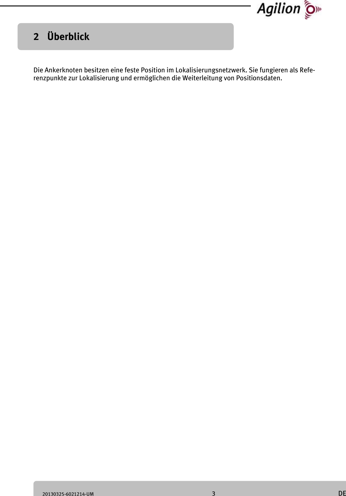 20130325-6021214-UM 3 DE 2 Überblick Die Ankerknoten besitzen eine feste Position im Lokalisierungsnetzwerk. Sie fungieren als Refe-renzpunkte zur Lokalisierung und ermöglichen die Weiterleitung von Positionsdaten.